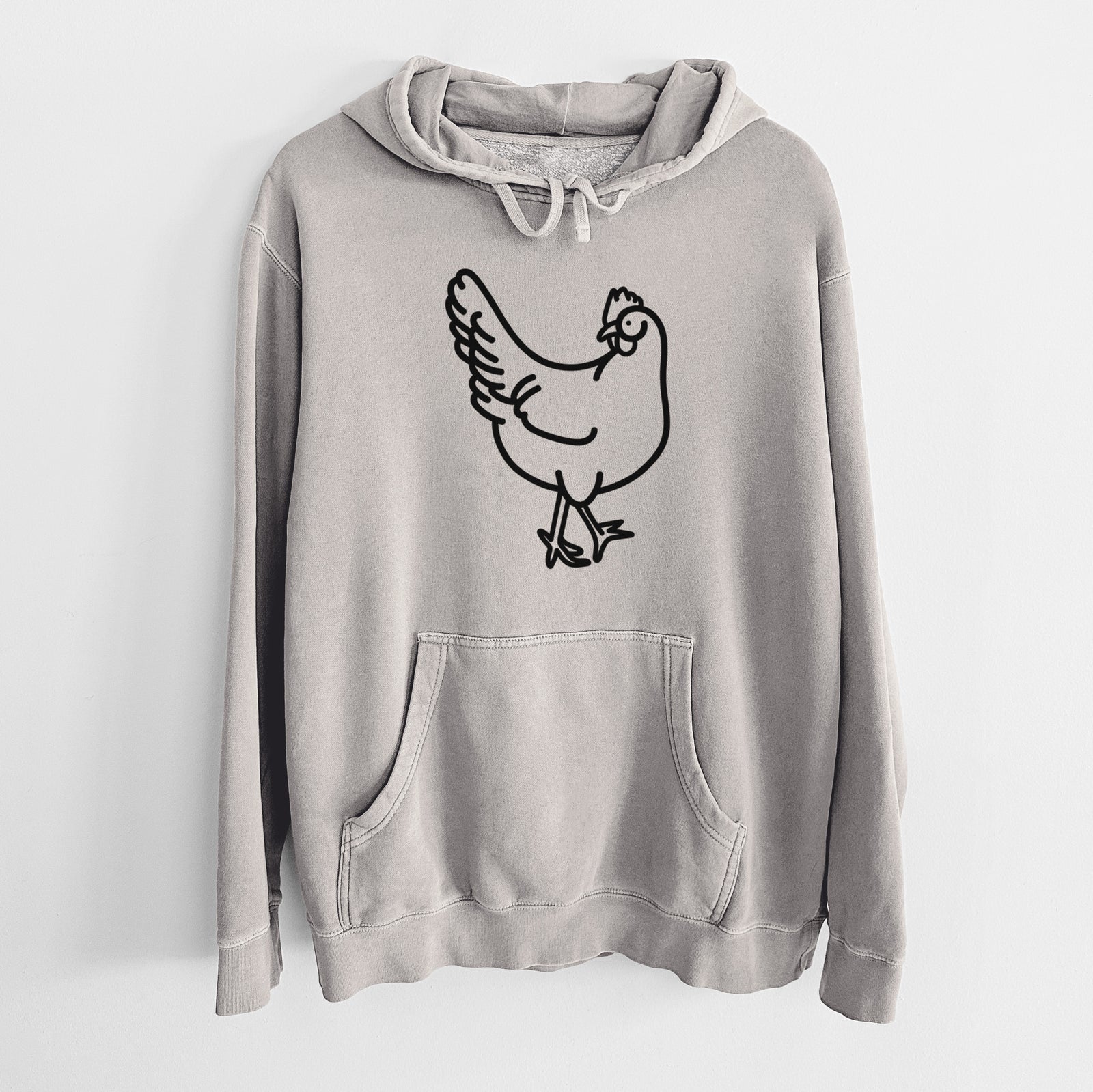 Minimalist line drawing of Daisy the Chicken on a Cement Unisex pigment dyed hoodie
