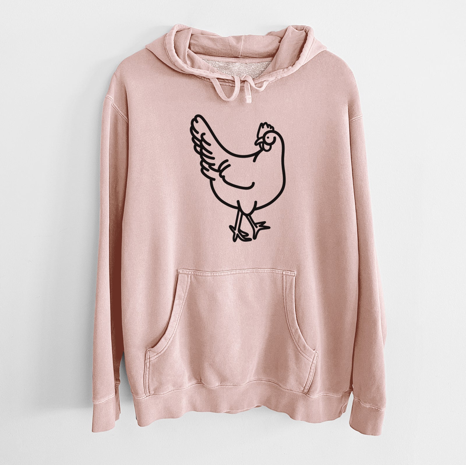 Minimalist line drawing of Daisy the Chicken on a Dusty Pink Unisex pigment dyed hoodie