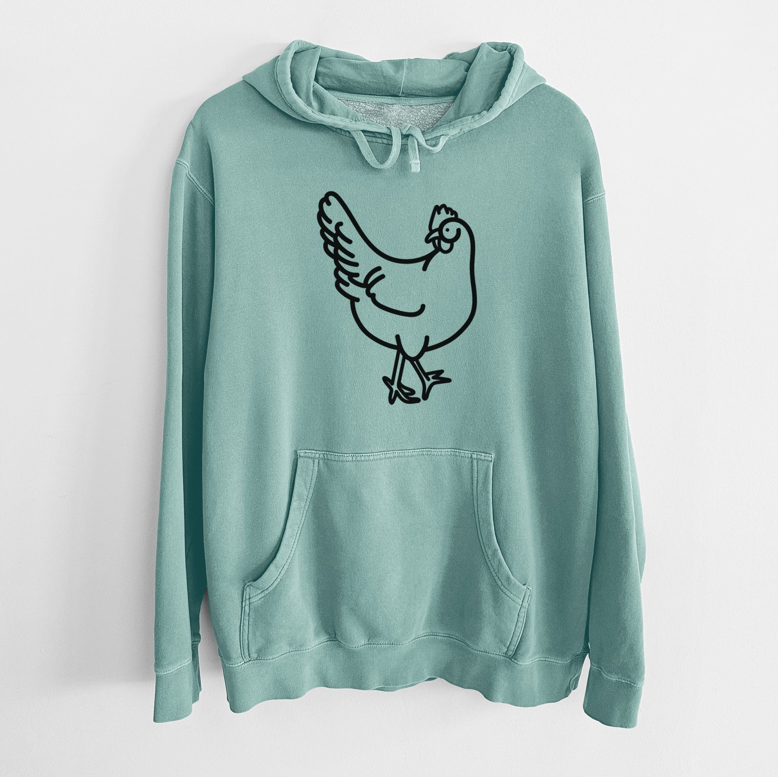 Minimalist line drawing of Daisy the Chicken on a Mint Unisex pigment dyed hoodie
