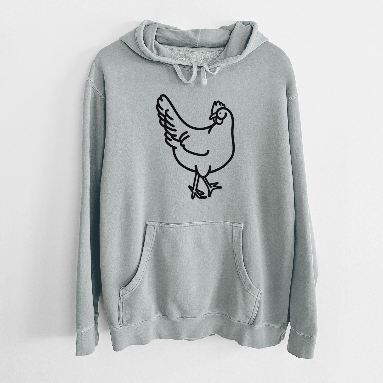 Minimalist line drawing of Daisy the Chicken on a Sage Unisex pigment dyed hoodie