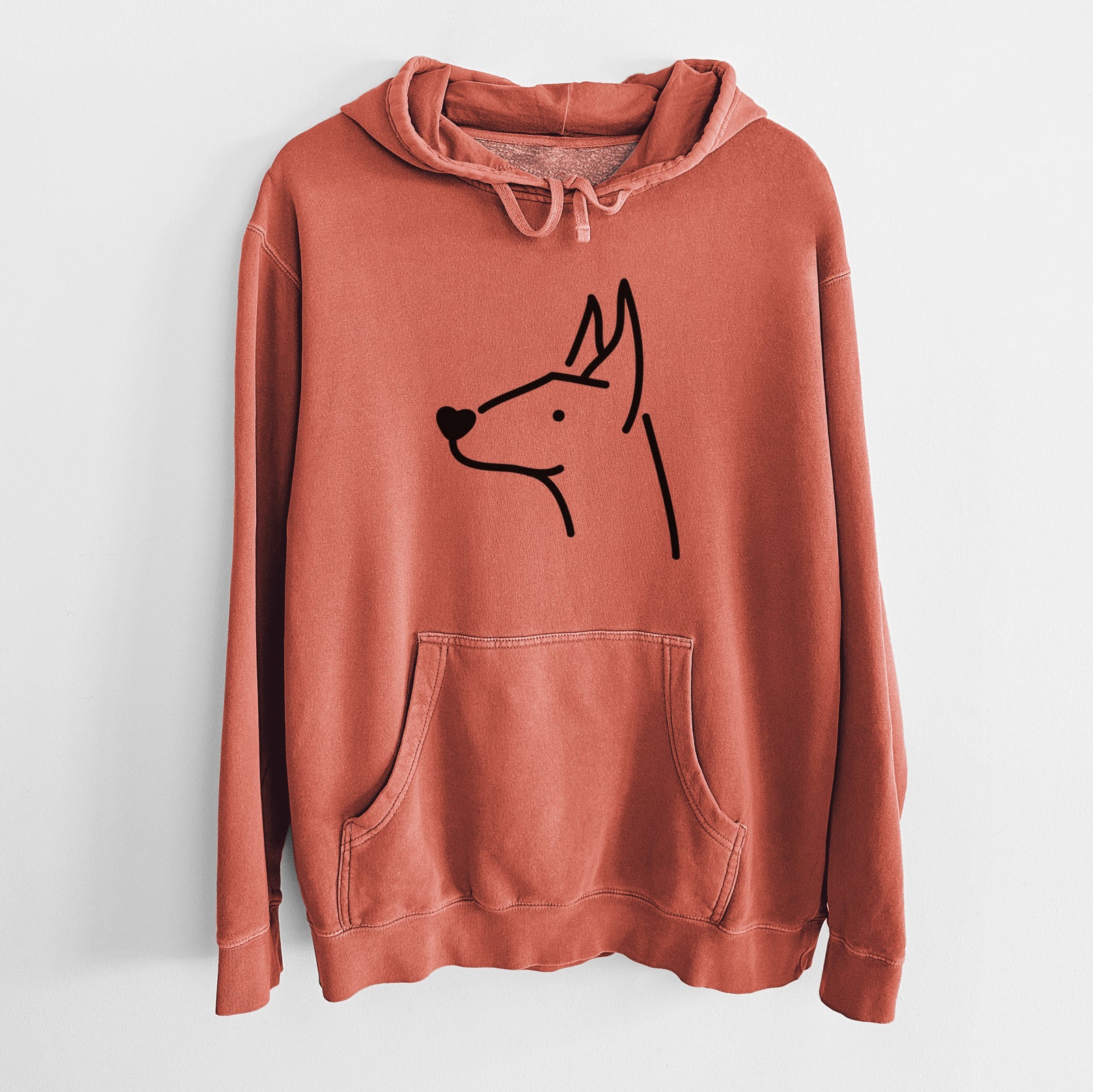 Minimalist line drawing of a Doberman Pinscher on an Amber Unisex pigment dyed hoodie