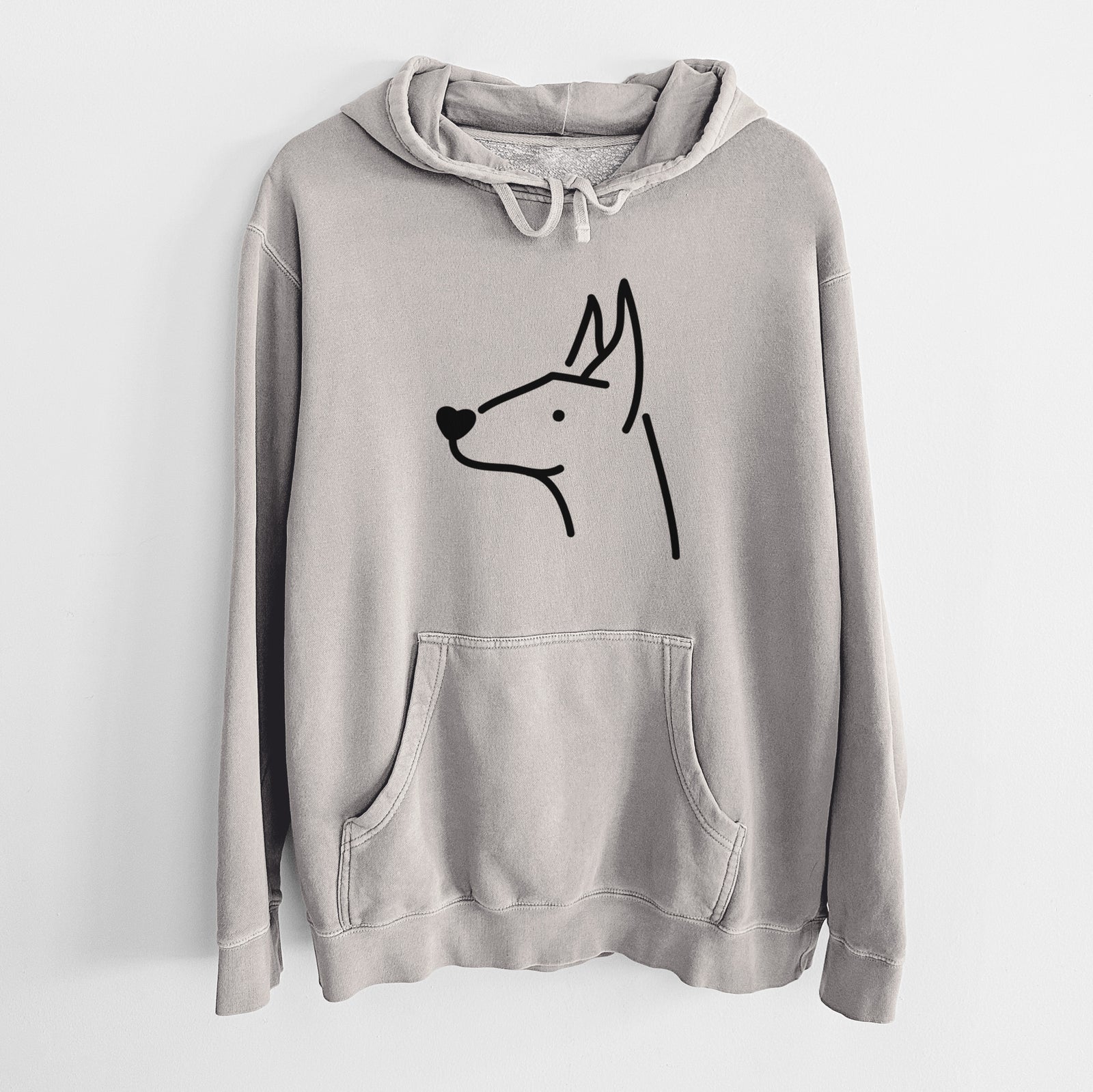 Minimalist line drawing of a Doberman Pinscher on a Cement Unisex pigment dyed hoodie