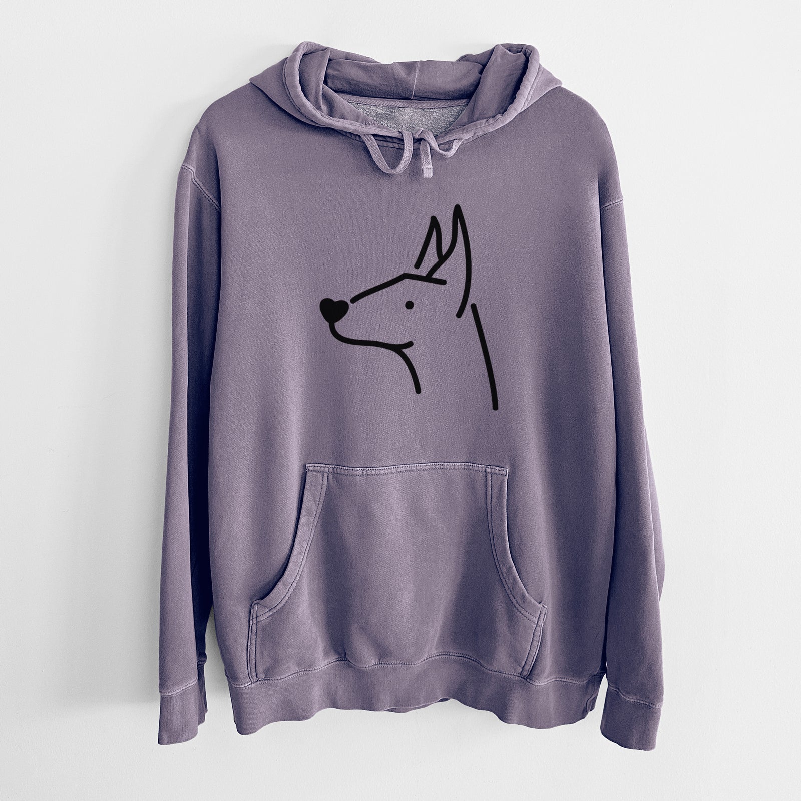 Minimalist line drawing of a Doberman Pinscher on a Plum Unisex pigment dyed hoodie