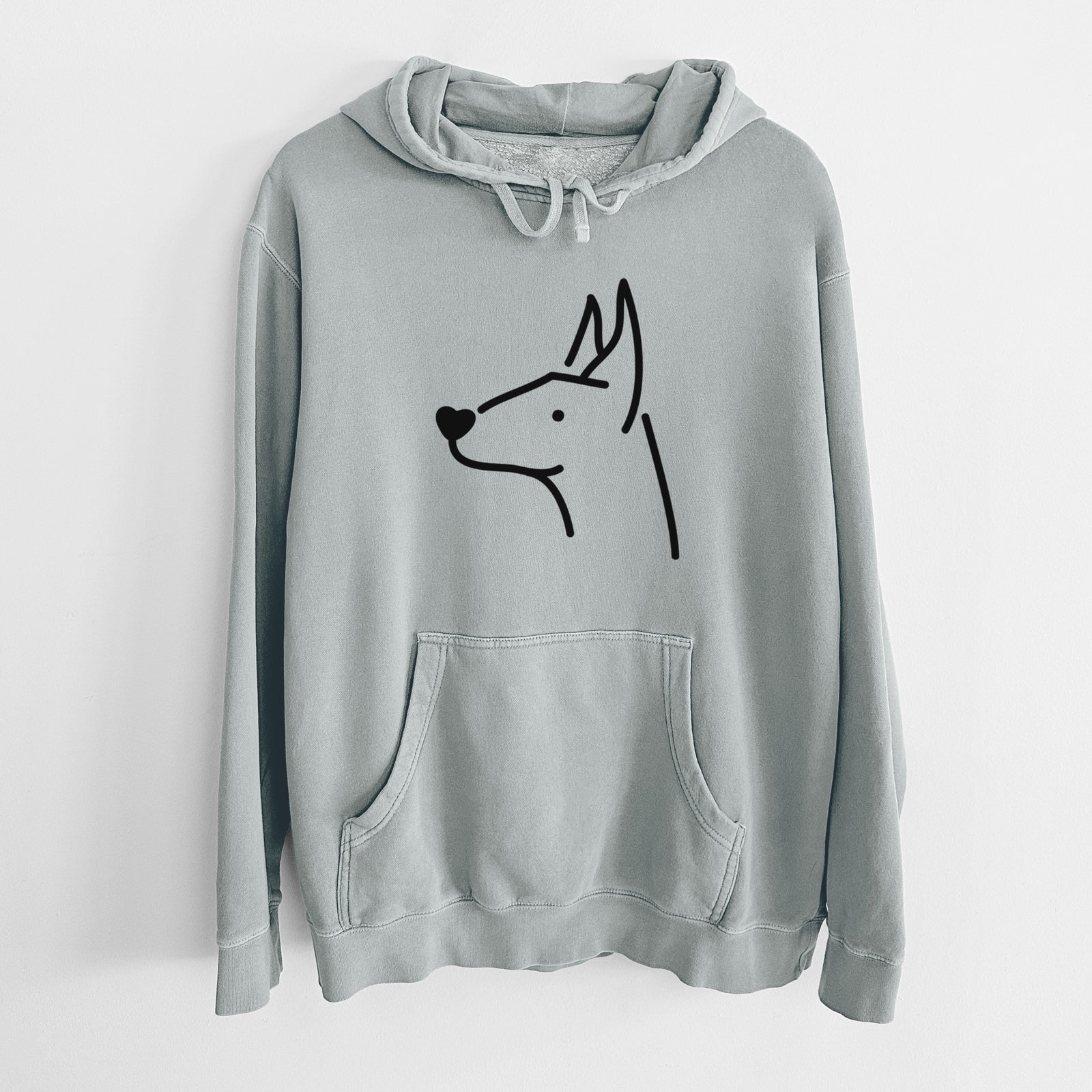 Minimalist line drawing of a Doberman Pinscher on a Sage Unisex pigment dyed hoodie