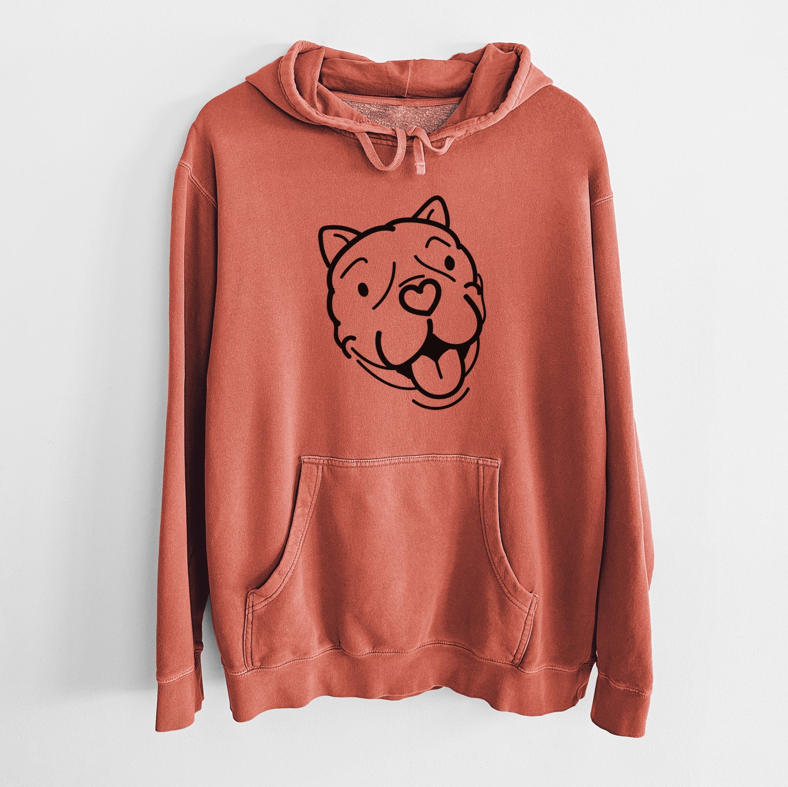 Minimalist line drawing of Draco the American Bulldog on an Amber Unisex pigment dyed hoodie