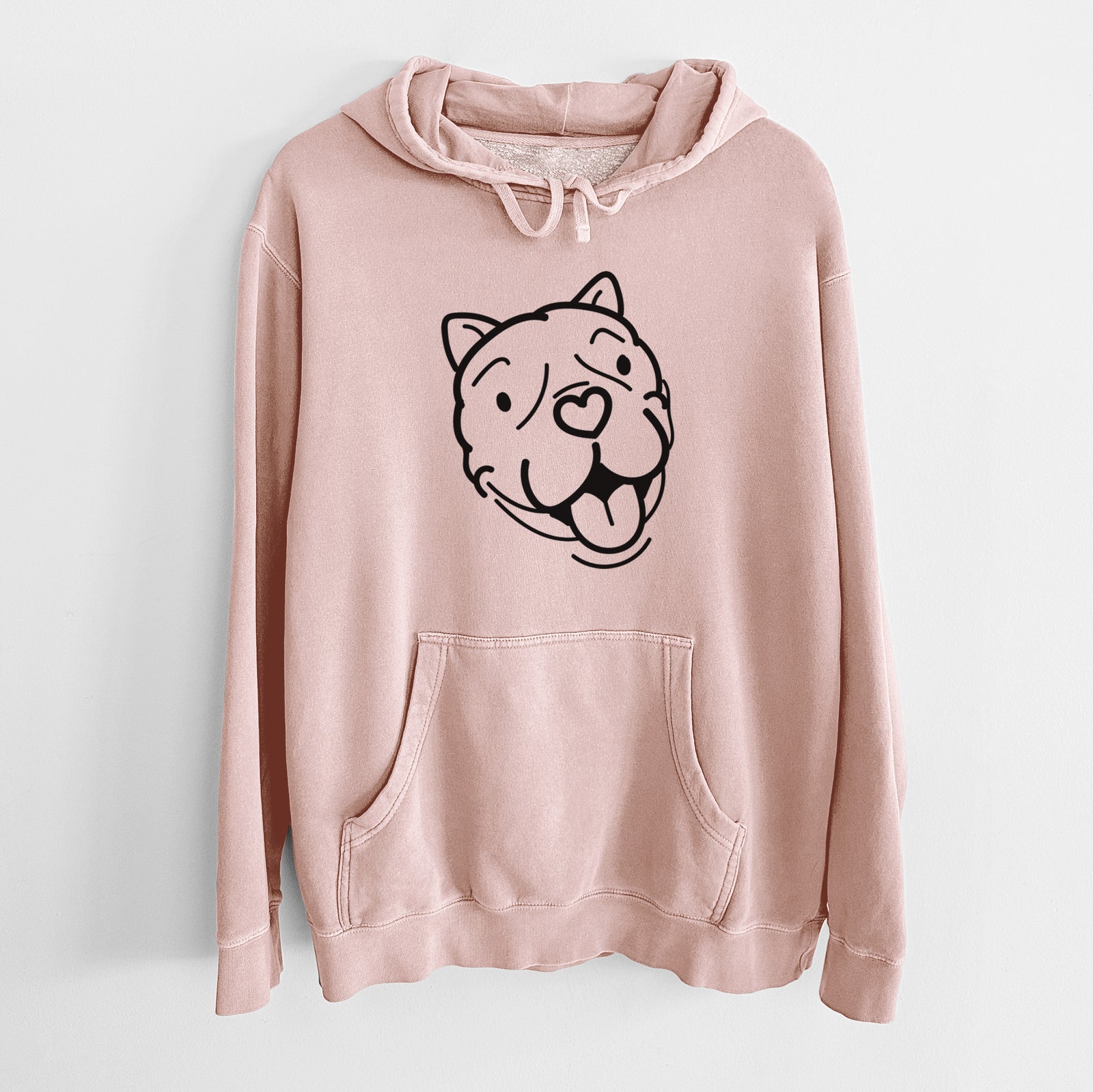 Minimalist line drawing of Draco the American Bulldog on a Dusty Pink Unisex pigment dyed hoodie