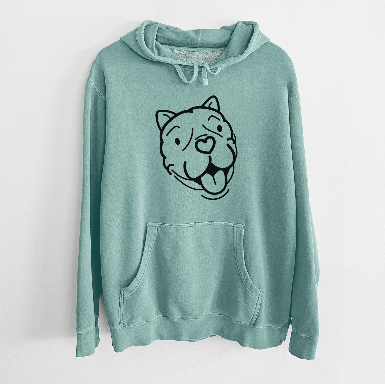 Minimalist line drawing of Draco the American Bulldog on a Mint Unisex pigment dyed hoodie