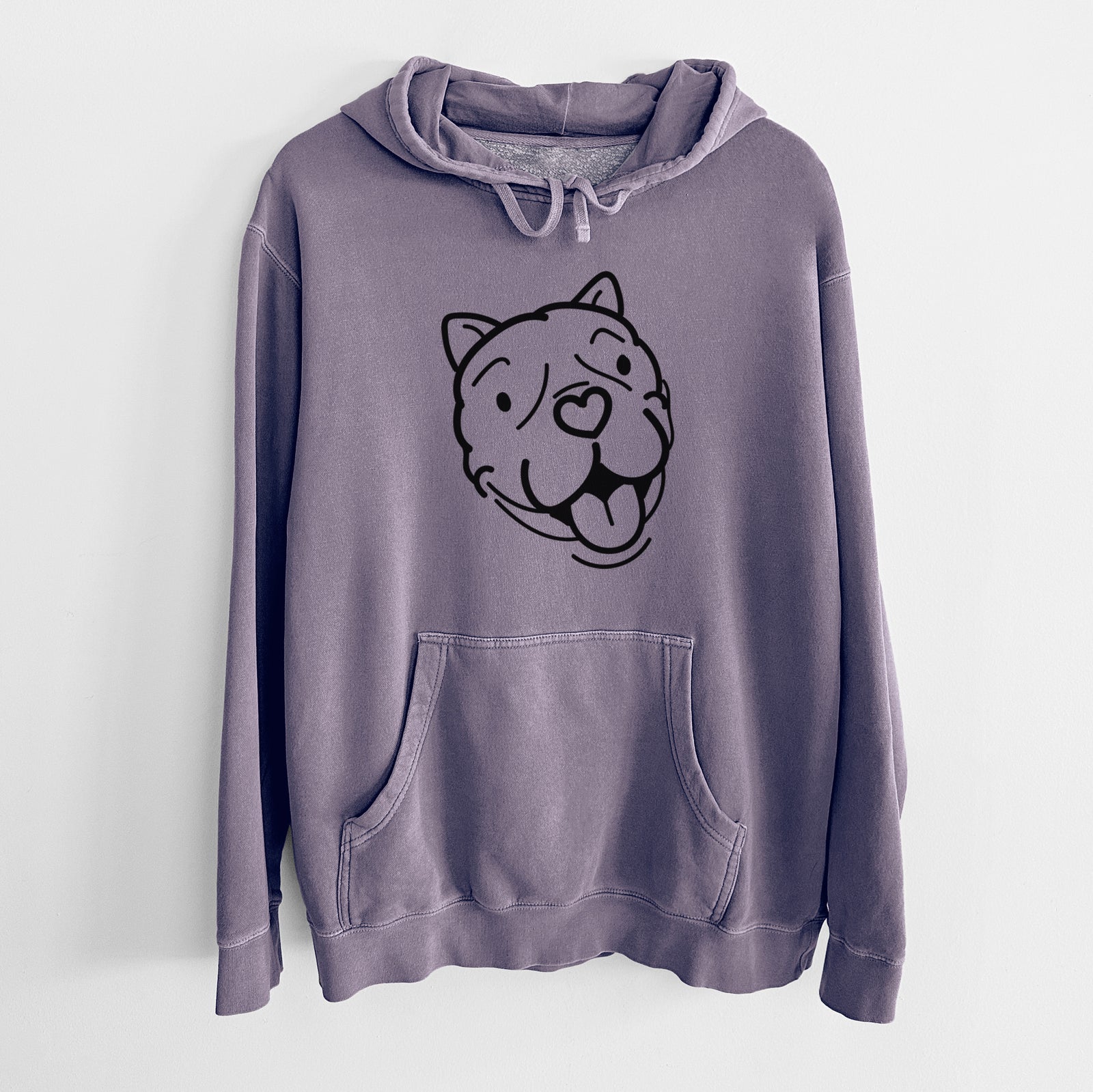 Minimalist line drawing of Draco the American Bulldog on a Plum Unisex pigment dyed hoodie