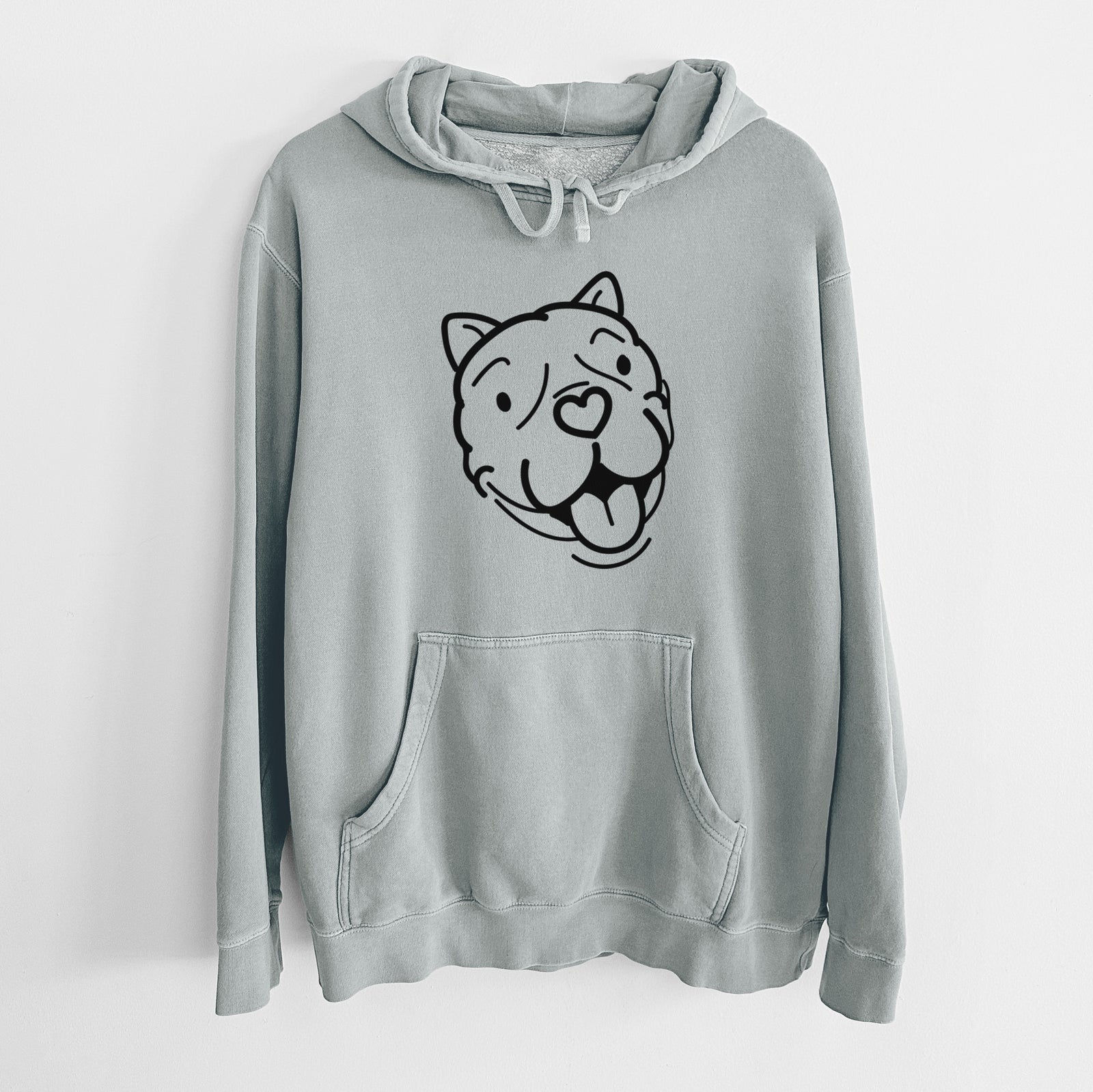 Minimalist line drawing of Draco the American Bulldog on a Sage Unisex pigment dyed hoodie