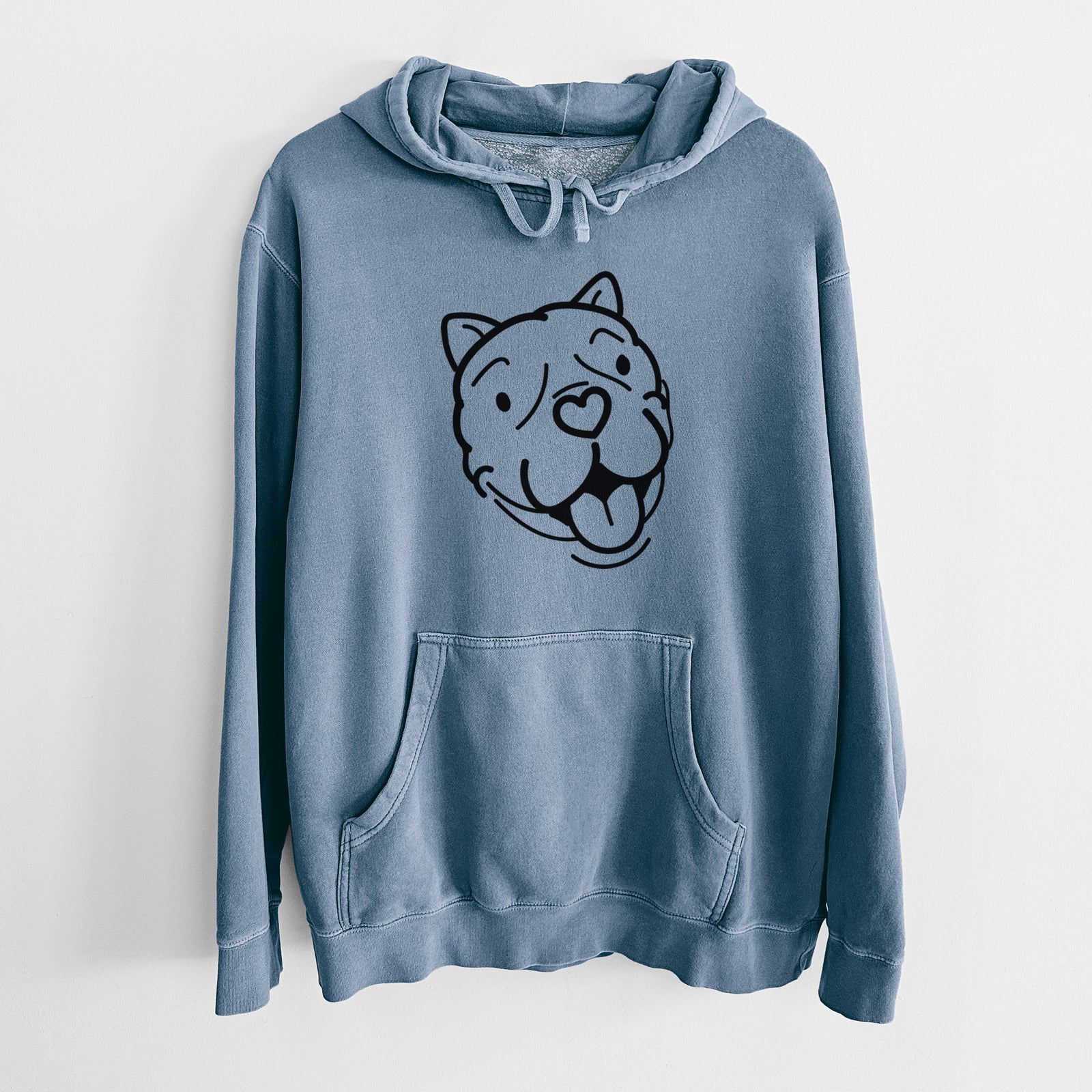 Minimalist line drawing of Draco the American Bulldog on a Slate Blue Unisex pigment dyed hoodie
