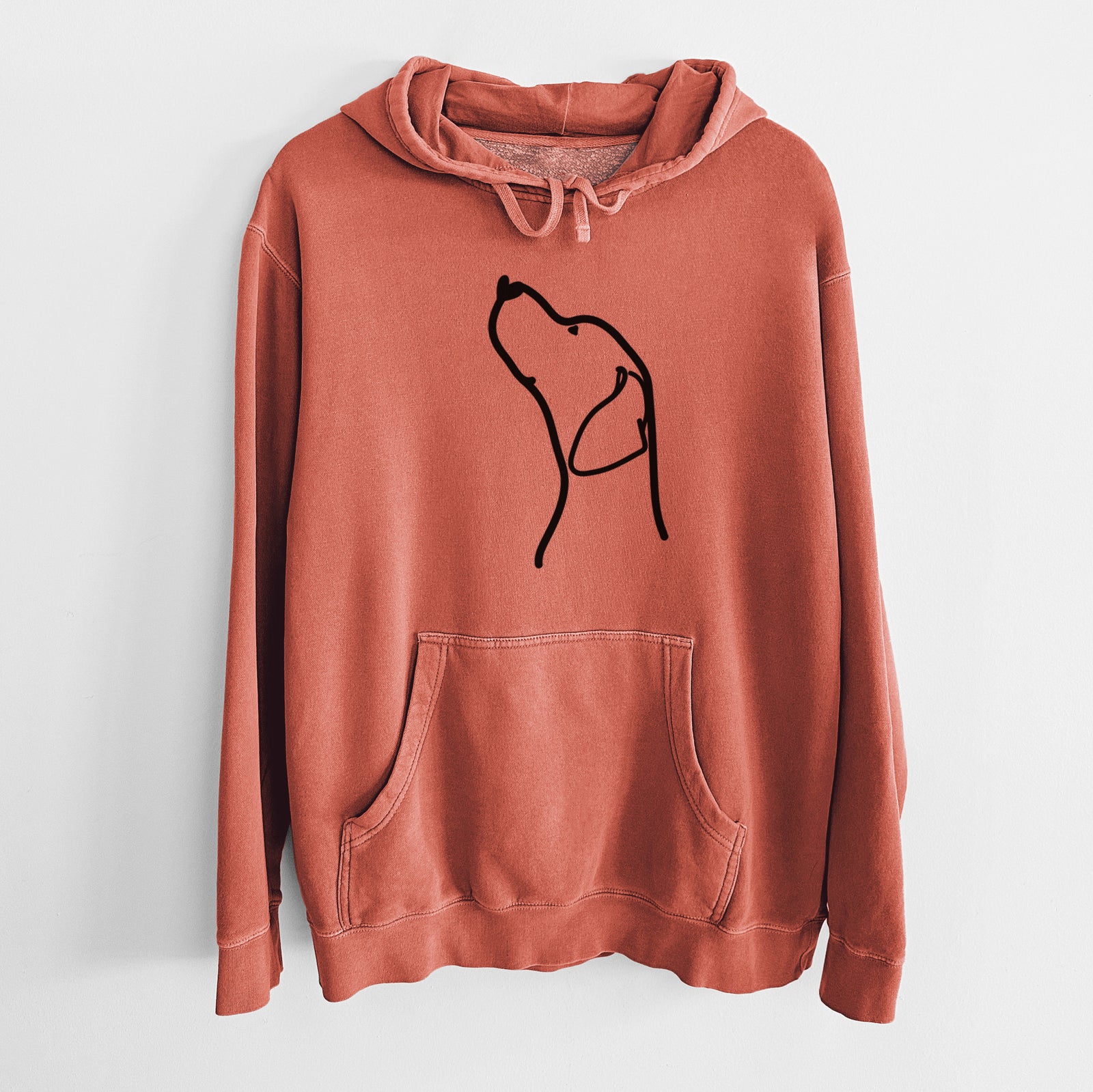 Minimalist line drawing of an English Pointer Profile on an Amber Unisex pigment dyed hoodie
