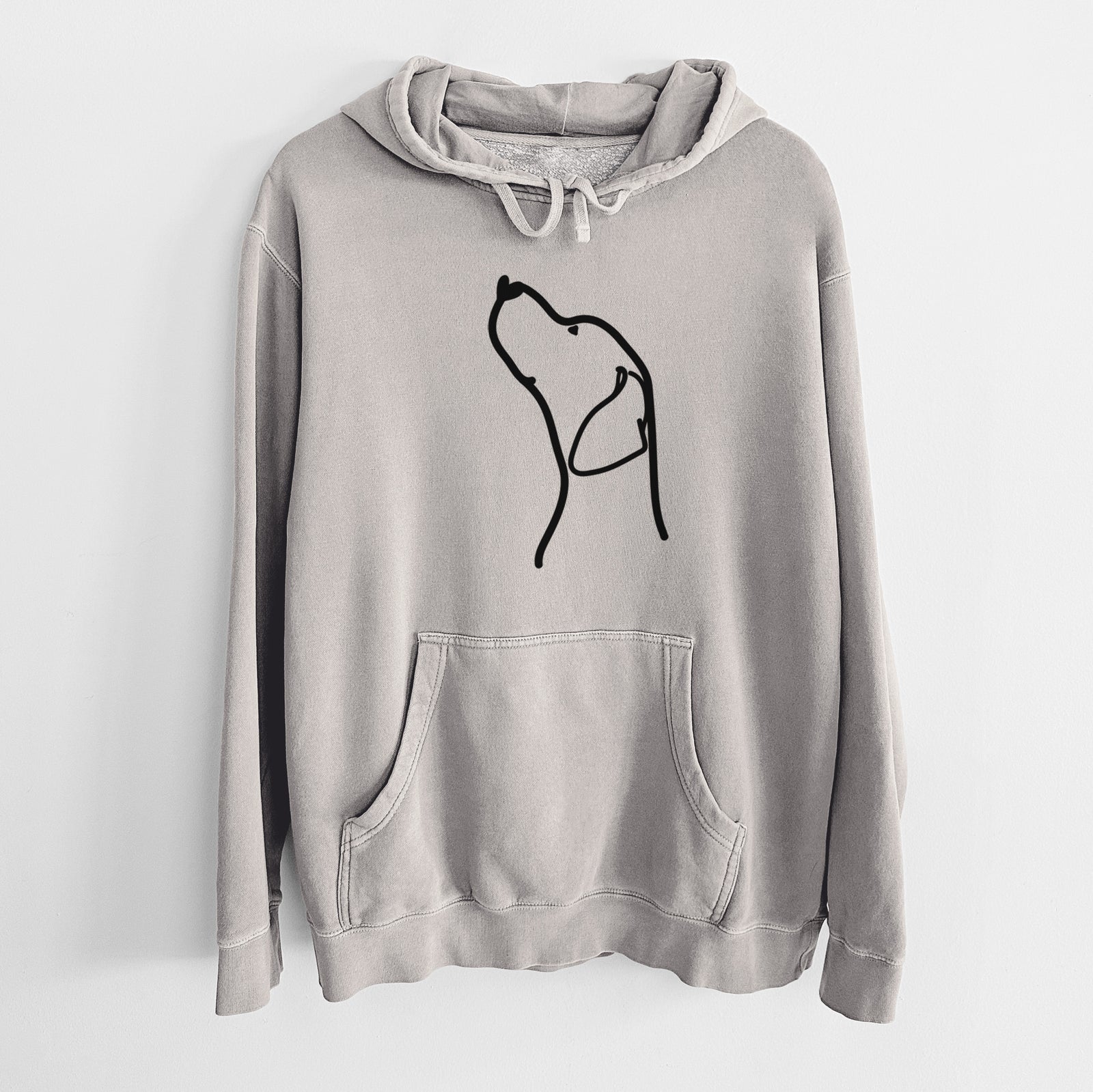 Minimalist line drawing of an English Pointer Profile on a Cement Unisex pigment dyed hoodie
