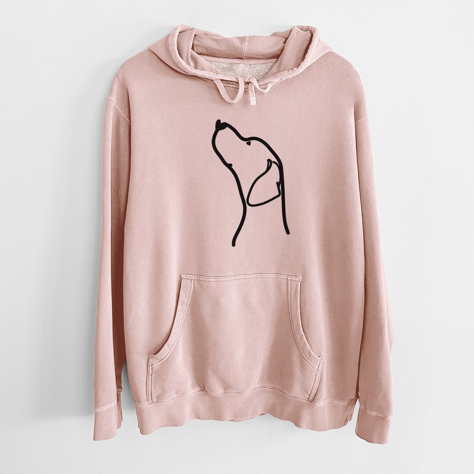 Minimalist line drawing of an English Pointer Profile on a Dusty Pink Unisex pigment dyed hoodie