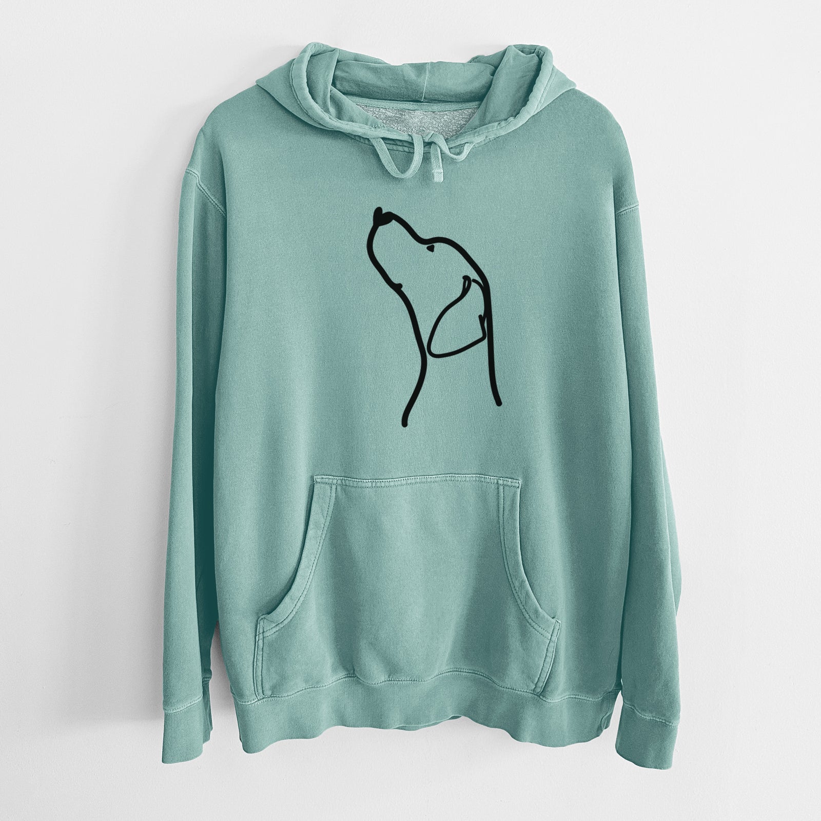 Minimalist line drawing of an English Pointer Profile on a Mint Unisex pigment dyed hoodie