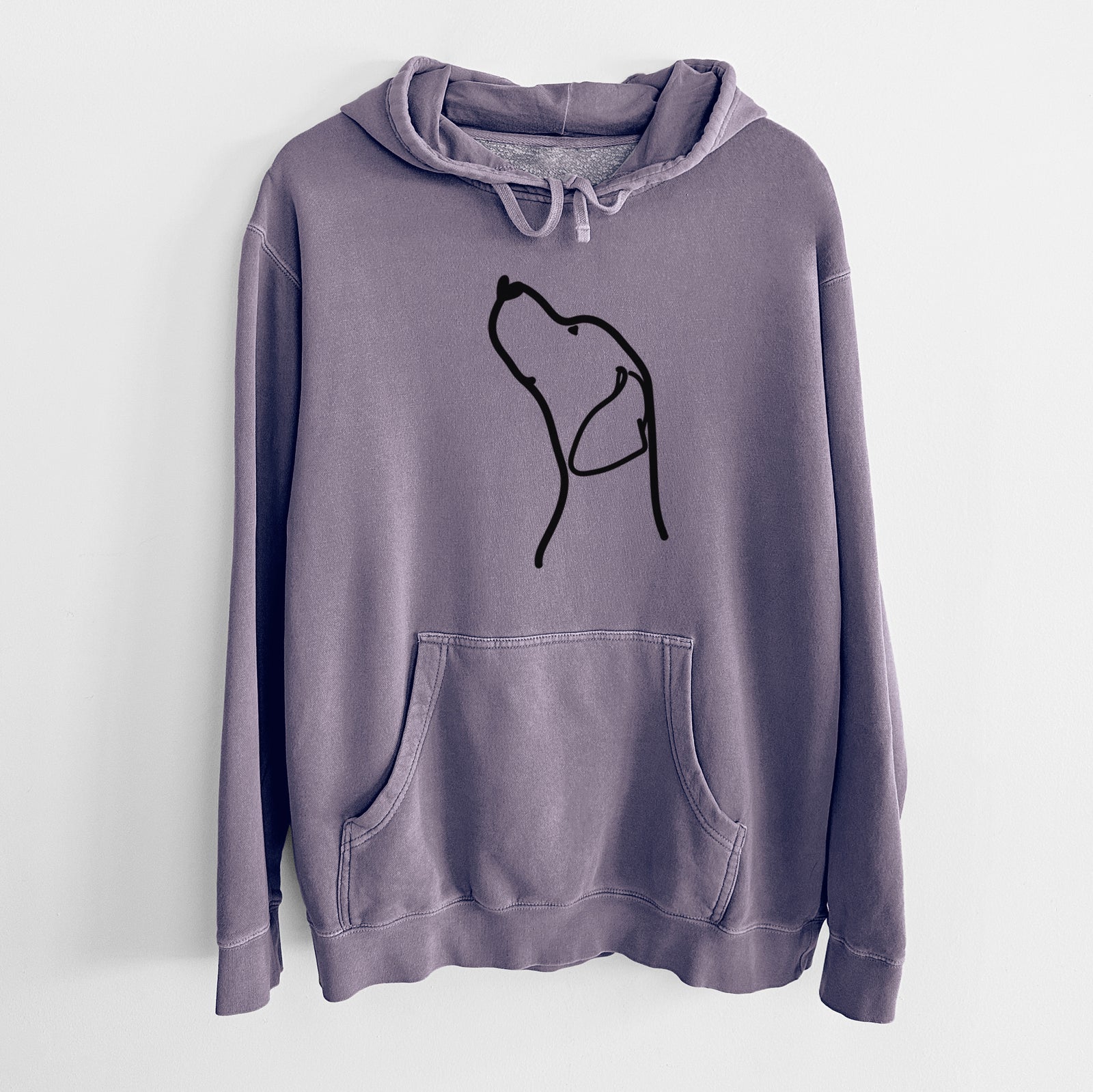 Minimalist line drawing of an English Pointer Profile on a Plum Unisex pigment dyed hoodie