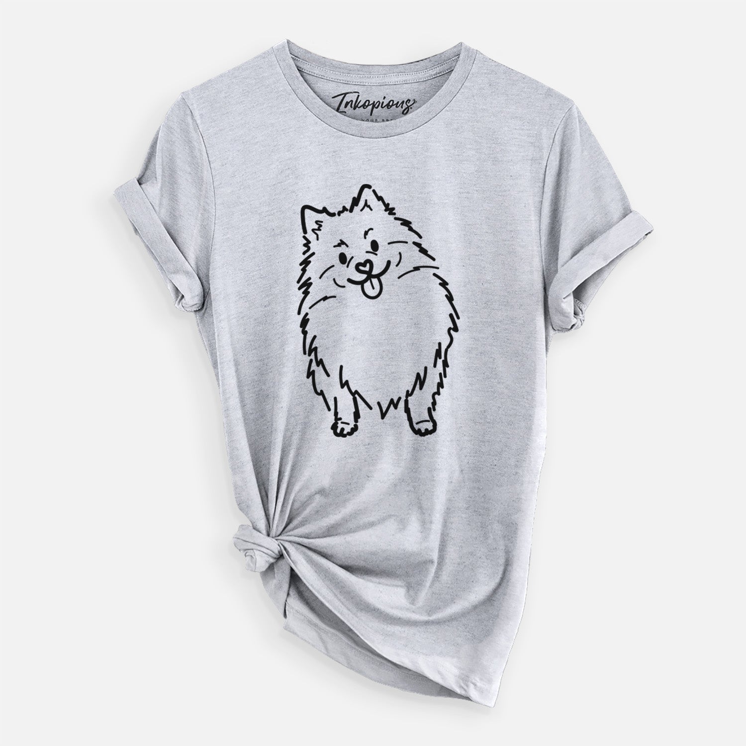Minimalist line drawing of Fern the Pomeranian on a Grey Unisex crewneck