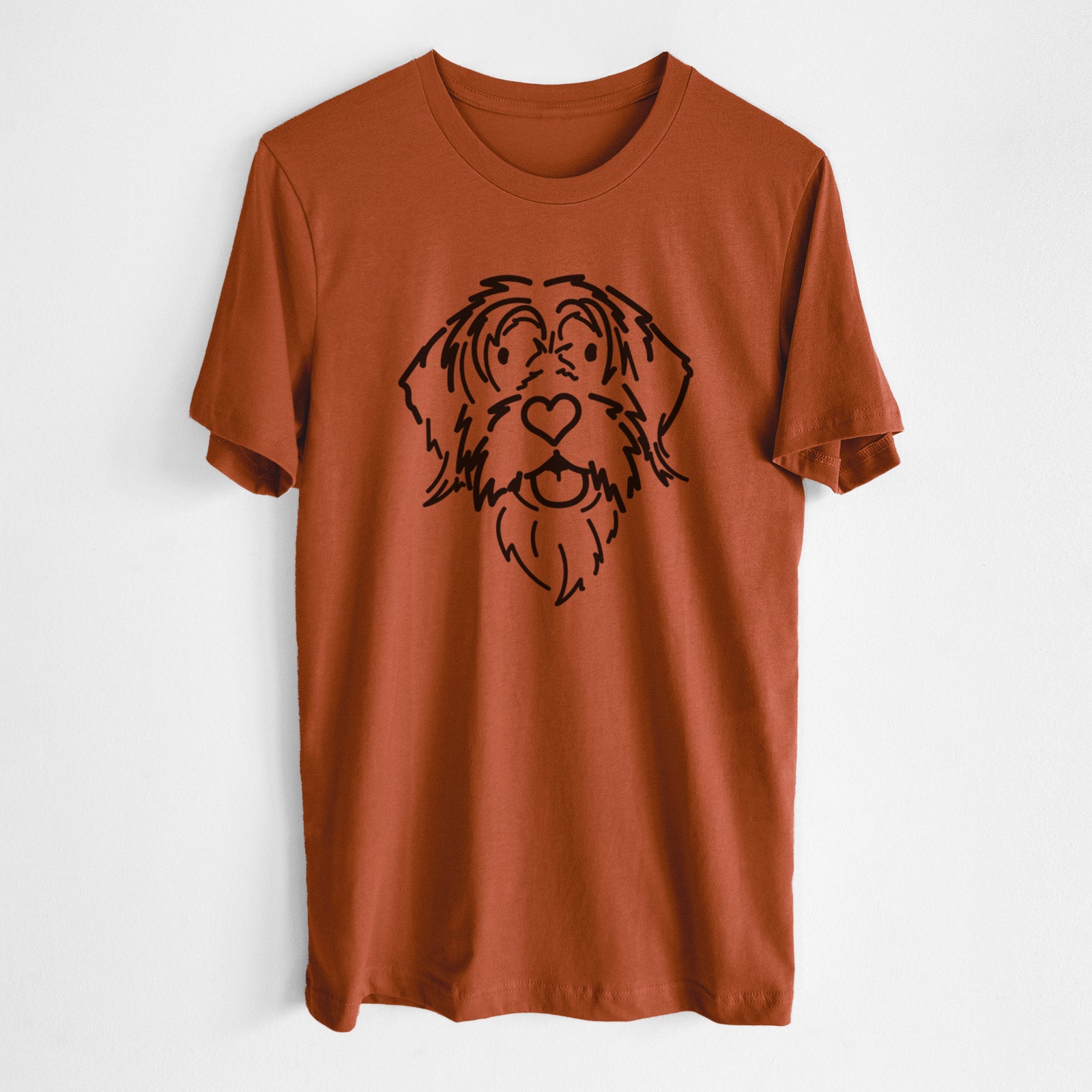 Minimalist line drawing of Gary the Wirehaird Pointing Griffon on an Autumn Unisex crewneck, worn by a man