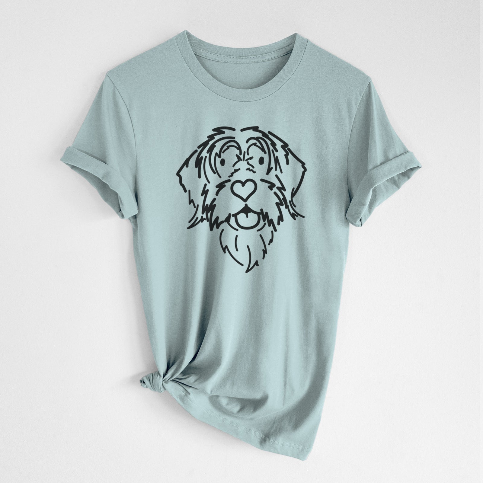 Minimalist line drawing of Gary the Wirehaird Pointing Griffon on a Dusty Blue Unisex crewneck, worn by a woman
