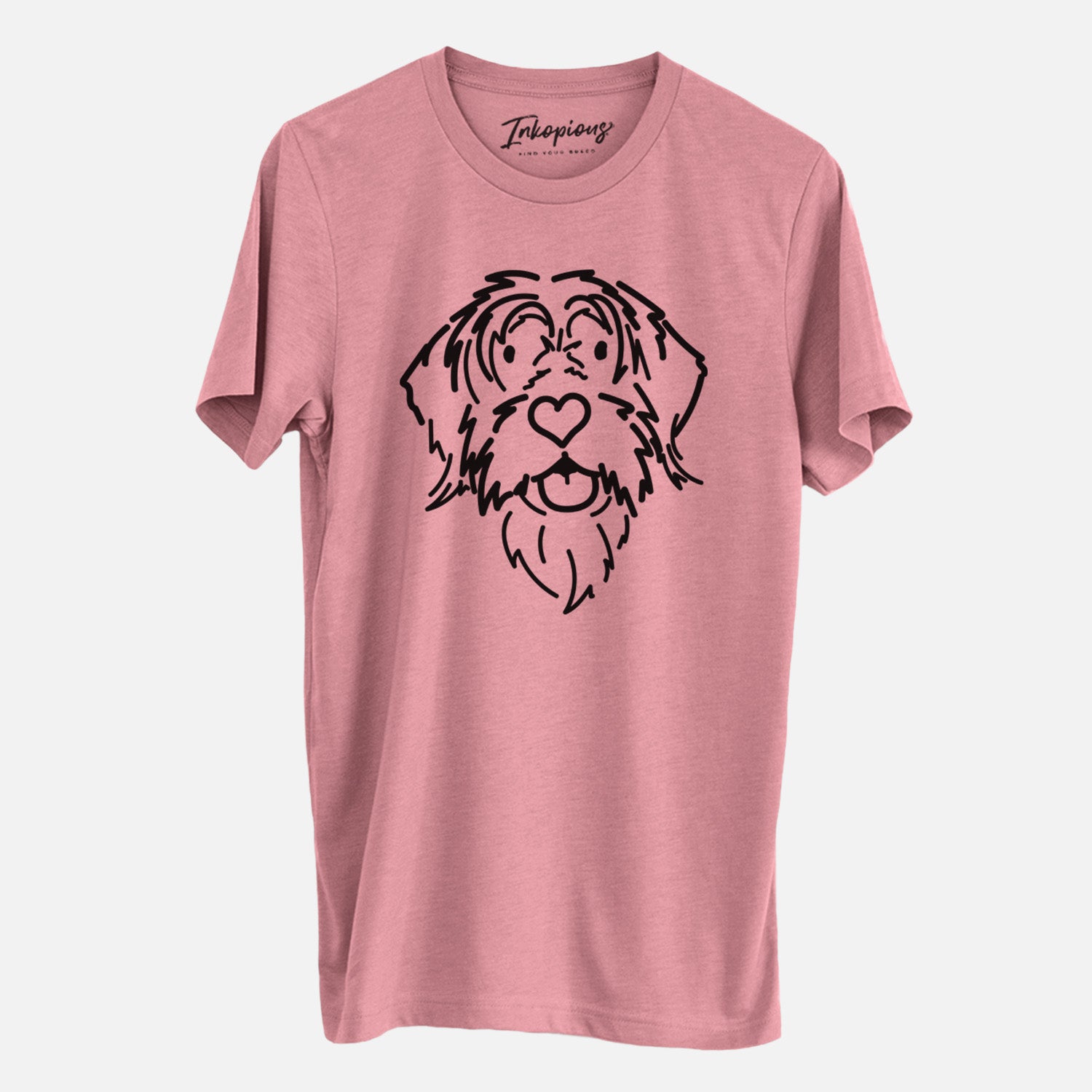 Minimalist line drawing of Gary the Wirehaird Pointing Griffon on a Mauve Unisex crewneck, worn by a man