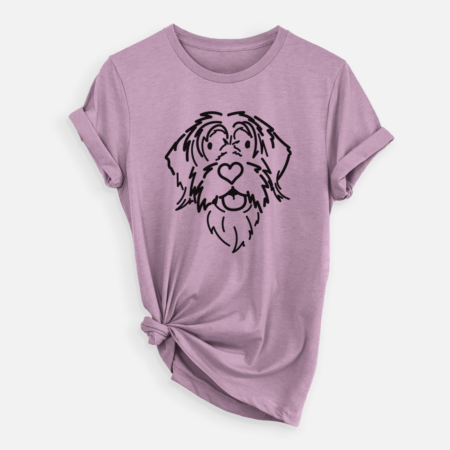Minimalist line drawing of Gary the Wirehaird Pointing Griffon on an Orchid Unisex crewneck, worn by a woman