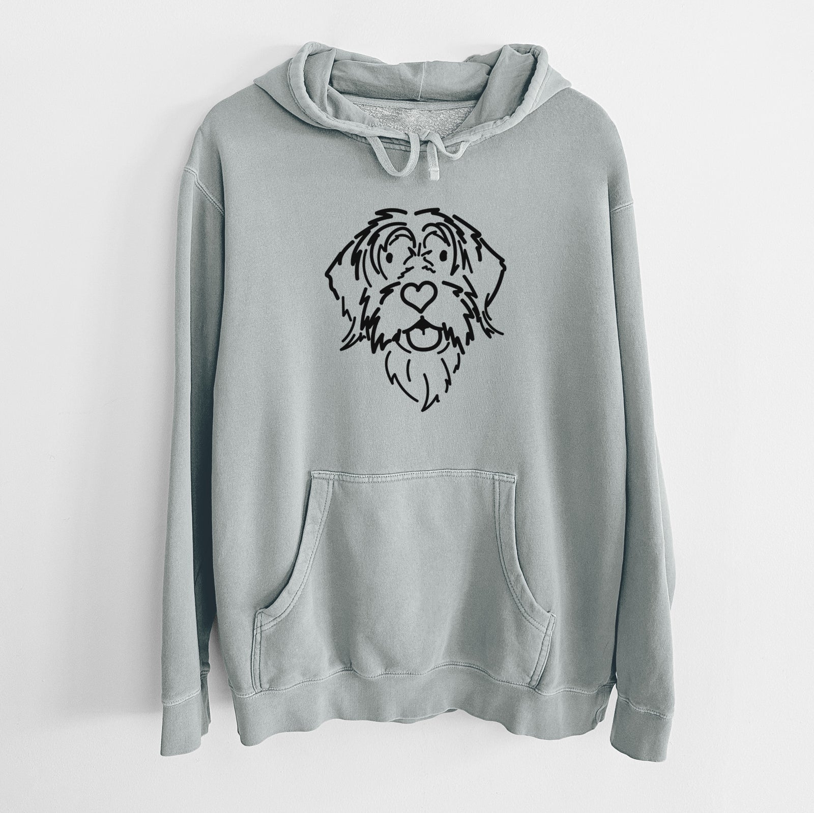 Minimalist line drawing of Gary the Wirehaird Pointing Griffon on a Sage Unisex pigment dyed hoodie