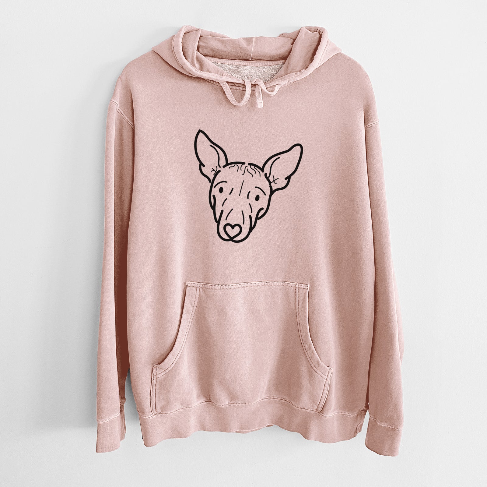 Minimalist line drawing of Georgia the American Hairless Terrier on a Dusty Pink Unisex pigment dyed hoodie