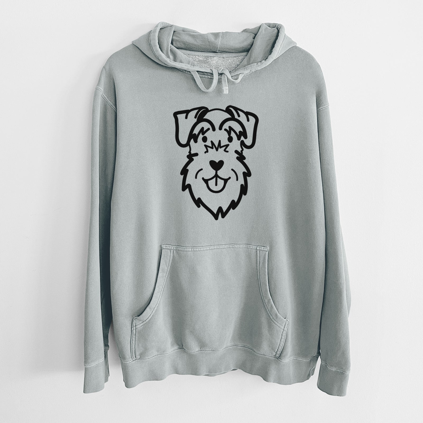 Minimalist line drawing of a Schnauzer Natural Ears on a Sage Unisex pigment dyed hoodie