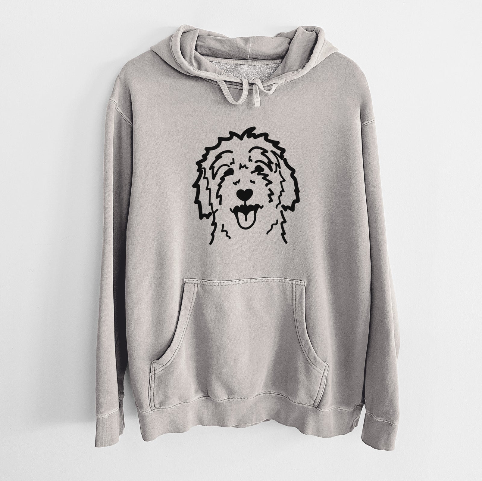Minimalist line drawing of a Goldendoodle on a Cement Unisex pigment dyed hoodie