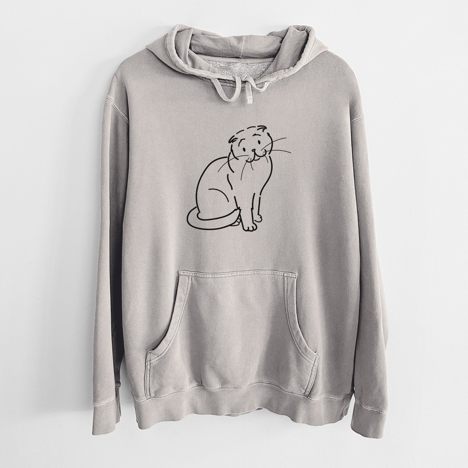 Minimalist line drawing of Hank the Scottish Fold Cat on a Cement Unisex pigment dyed hoodie