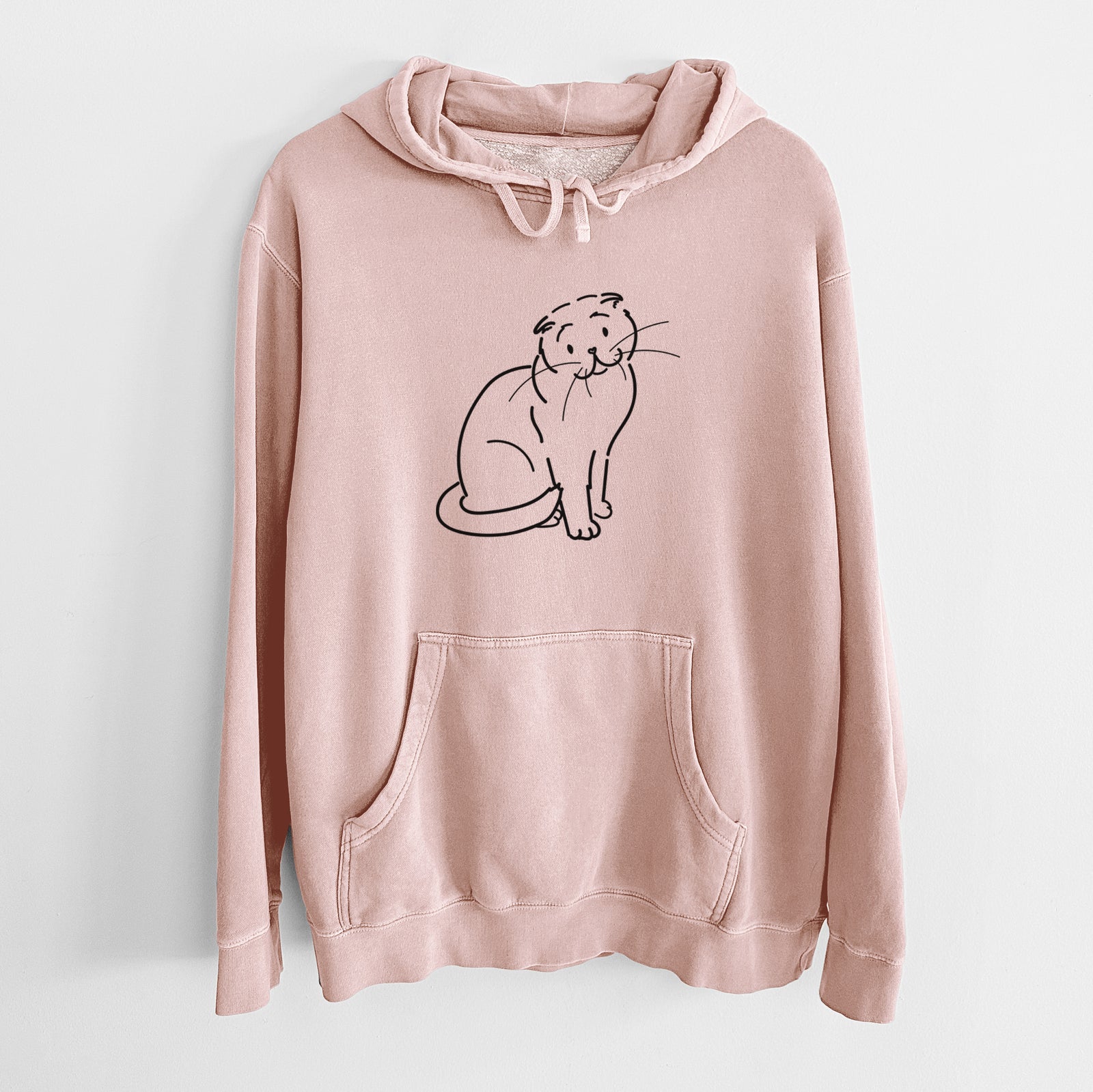 Minimalist line drawing of Hank the Scottish Fold Cat on a Dusty Pink Unisex pigment dyed hoodie