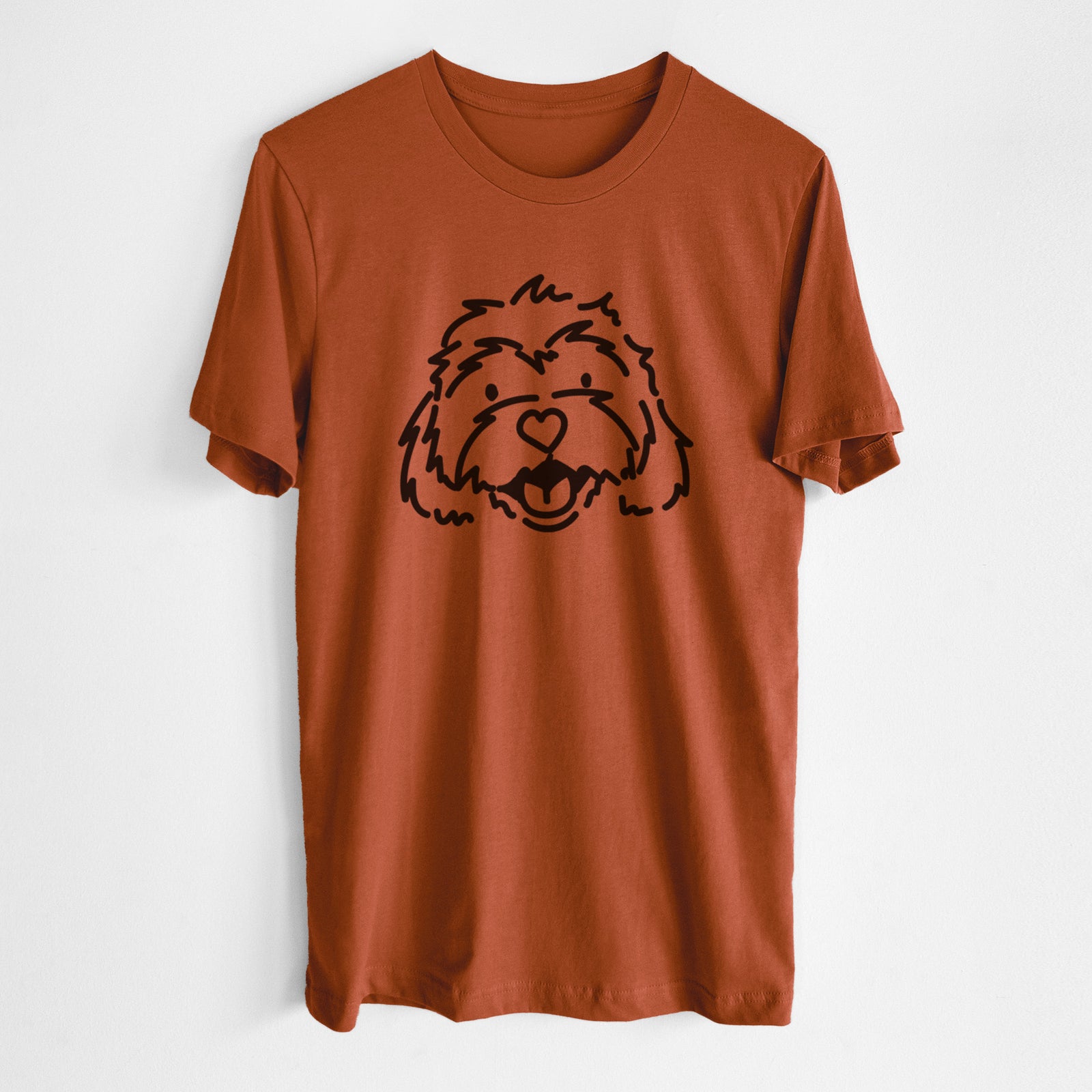 Minimalist line drawing of Harry the Cavachon on an Autumn Unisex crewneck, worn by a man