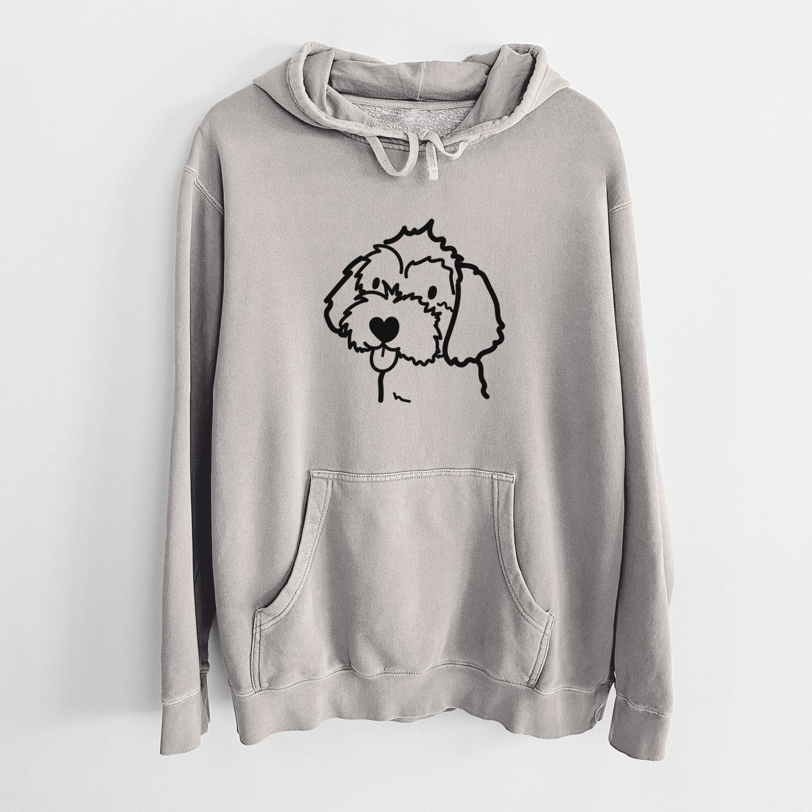 Minimalist line drawing of a Havapoo on a Cement Unisex pigment dyed hoodie