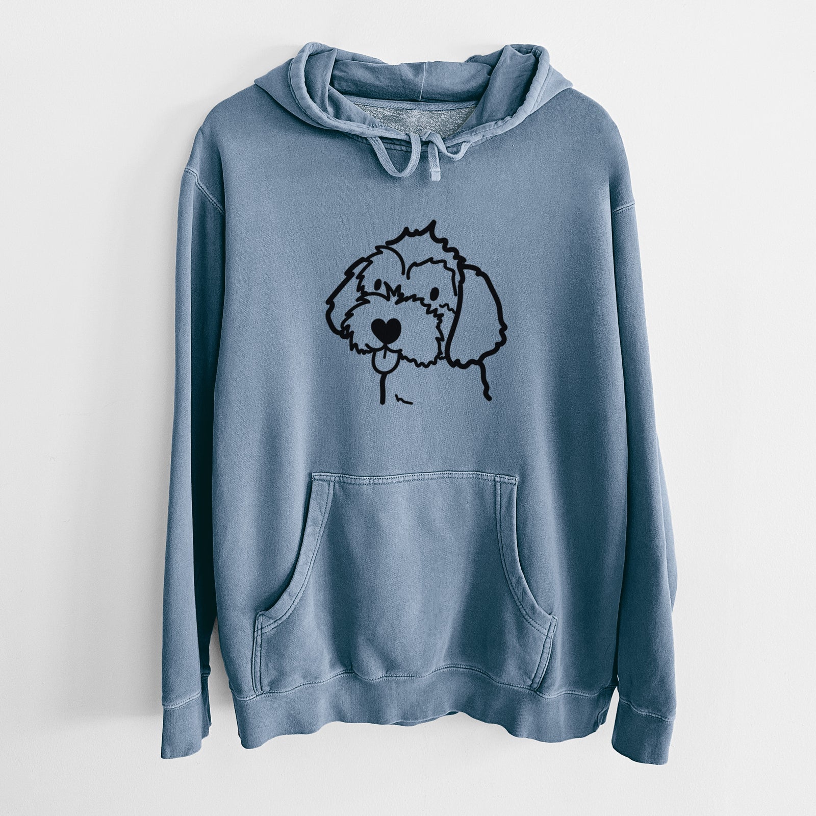 Minimalist line drawing of a Havapoo on a Slate Blue Unisex pigment dyed hoodie