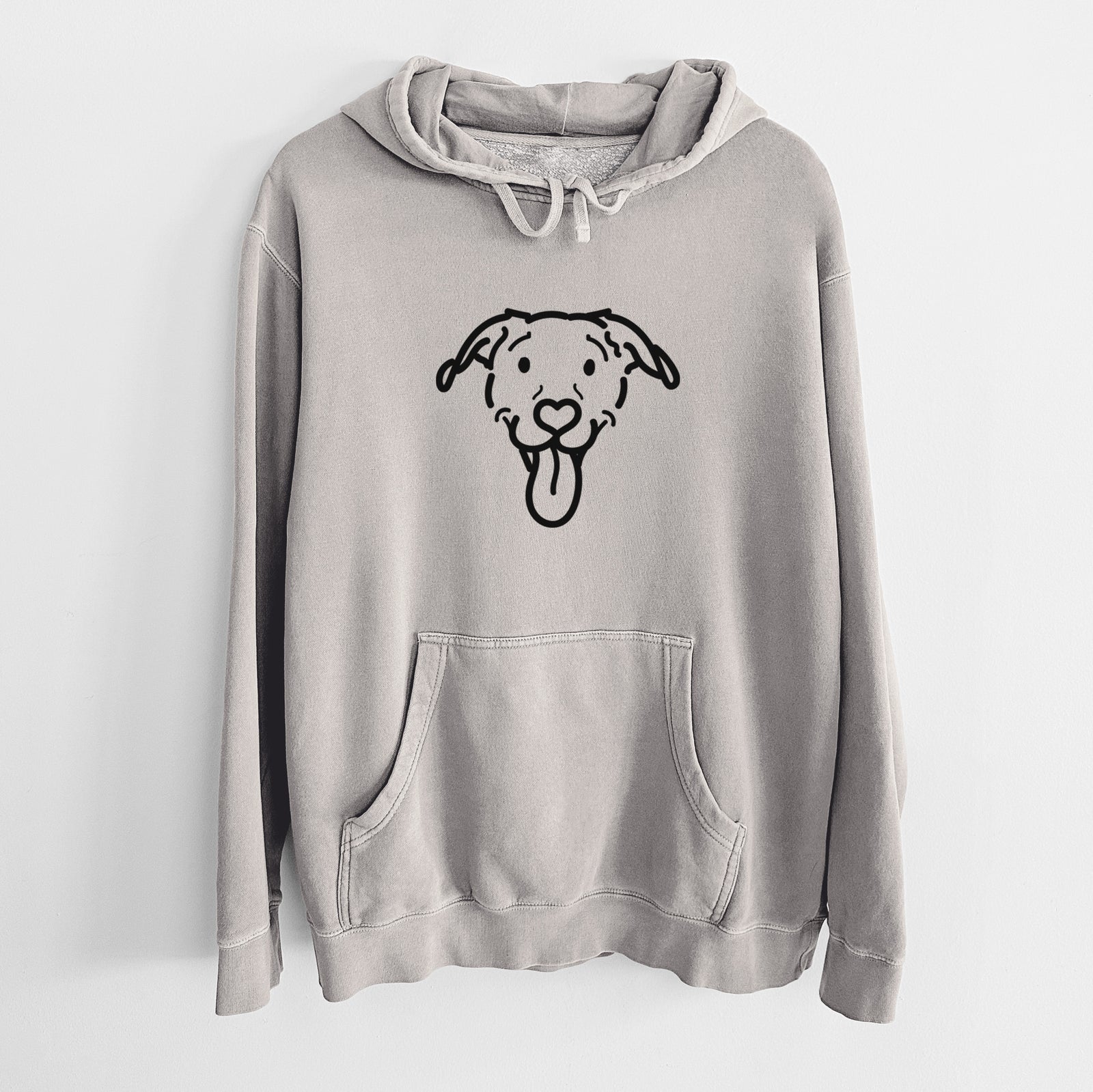 Minimalist line drawing of Hemi the Pitbull Mix on a Cement Unisex pigment dyed hoodie