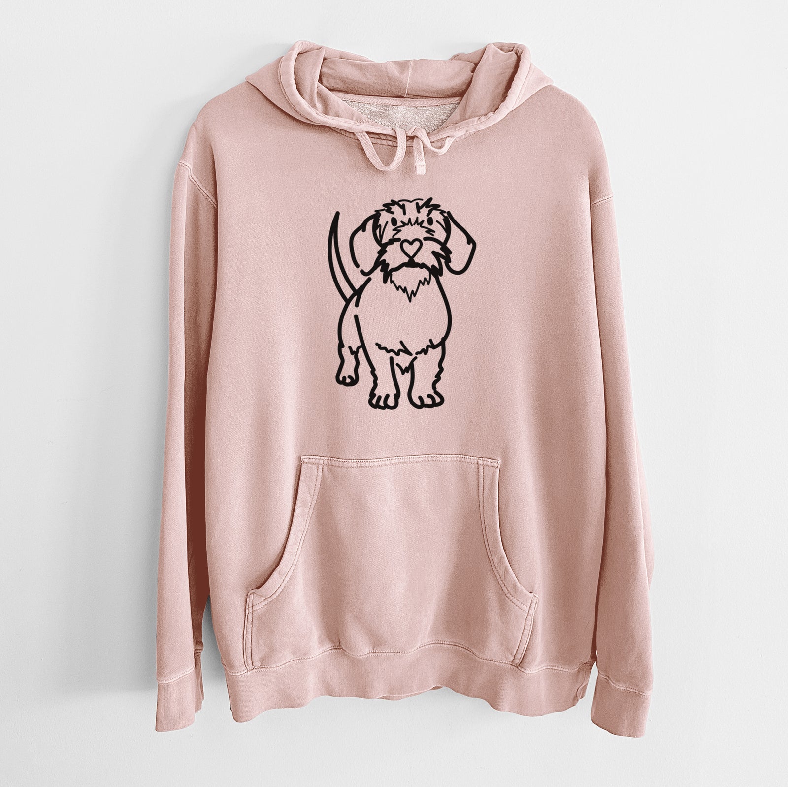 Minimalist line drawing of Henry the Wire Dachshund on a Dusty Pink Unisex pigment dyed hoodie