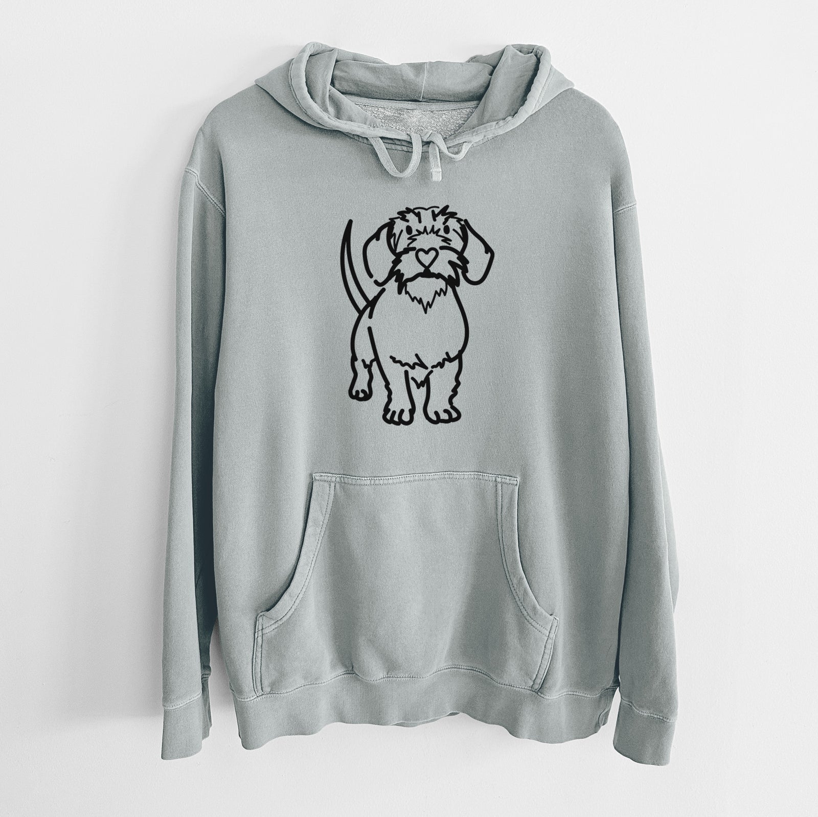 Minimalist line drawing of Henry the Wire Dachshund on a Sage Unisex pigment dyed hoodie