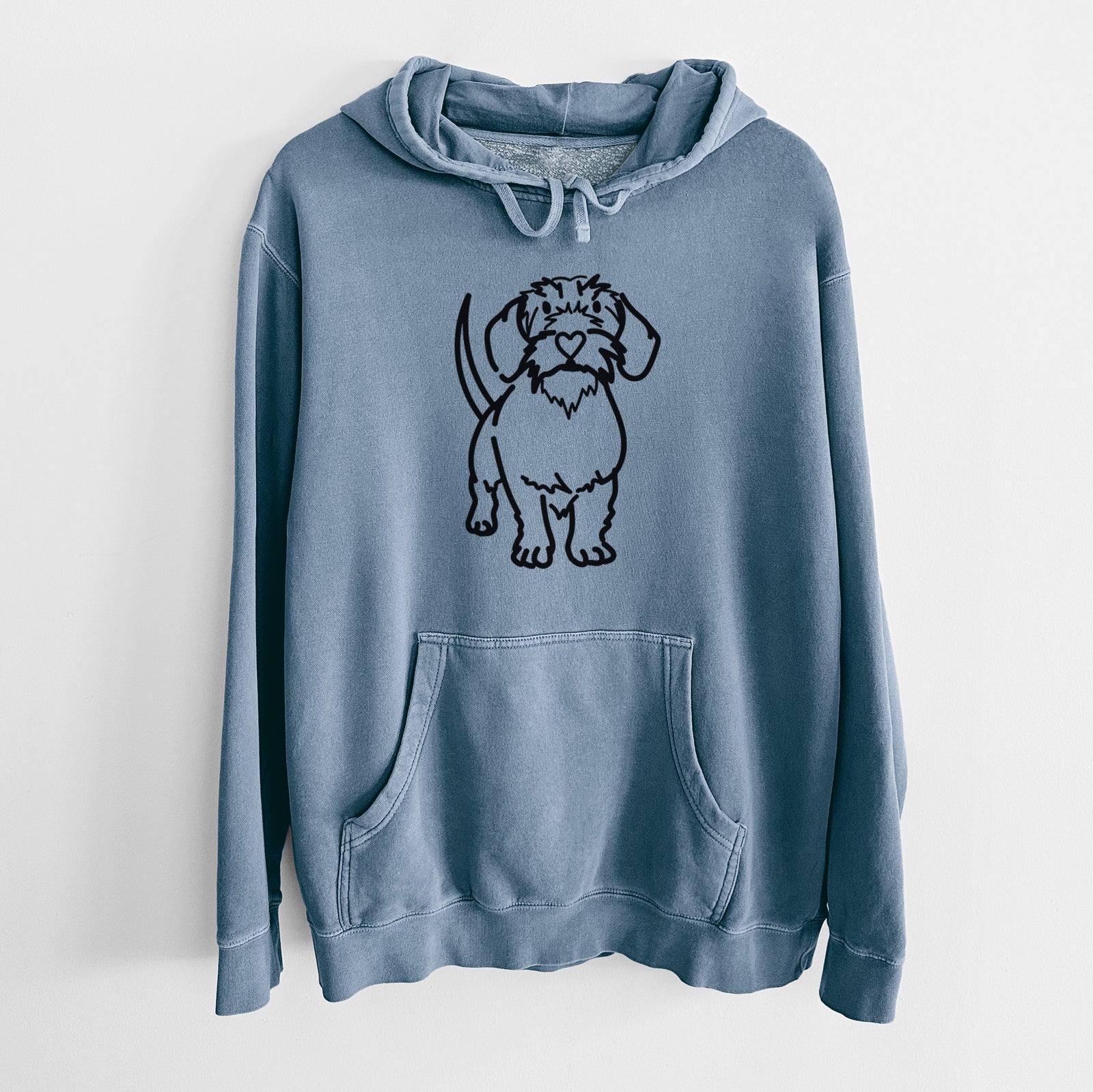 Minimalist line drawing of Henry the Wire Dachshund on a Slate Blue Unisex pigment dyed hoodie