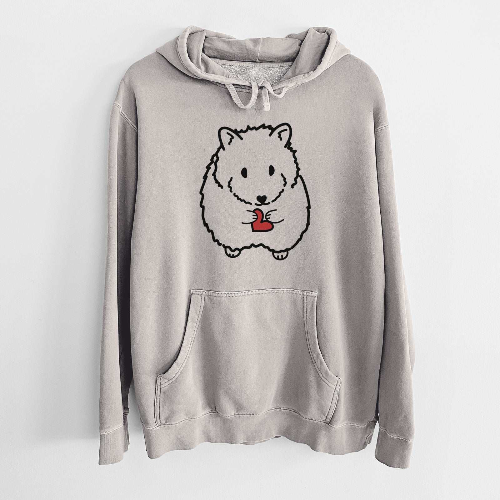Minimalist line drawing of Hilga the Hamster on a Cement Unisex pigment dyed hoodie