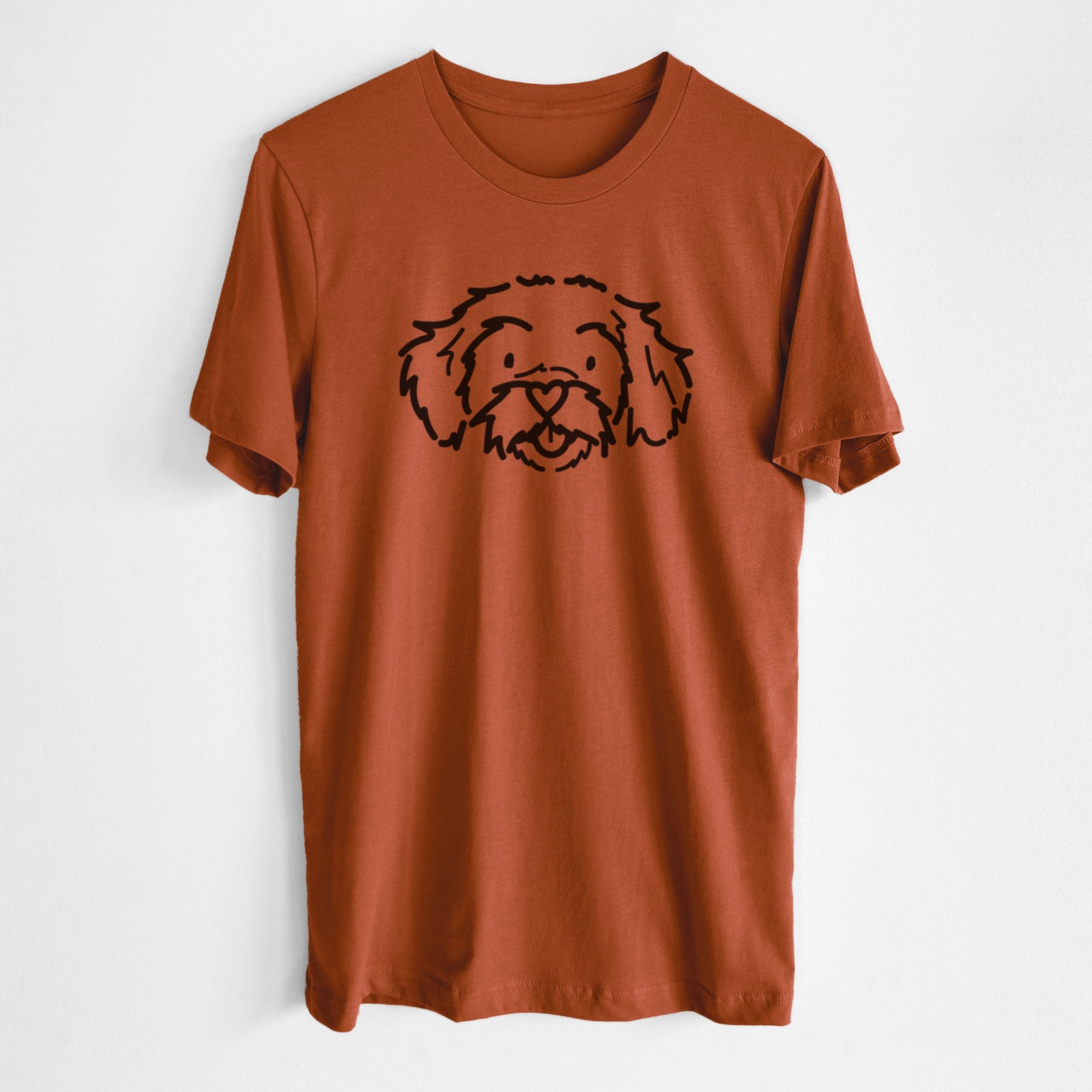 Minimalist line drawing of Jo Jo the Peekapoo on an Autumn Unisex crewneck, worn by a man
