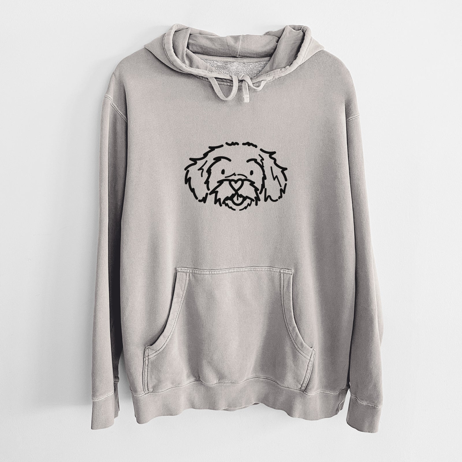 Minimalist line drawing of Jo Jo the Peekapoo on a Cement Unisex pigment dyed hoodie