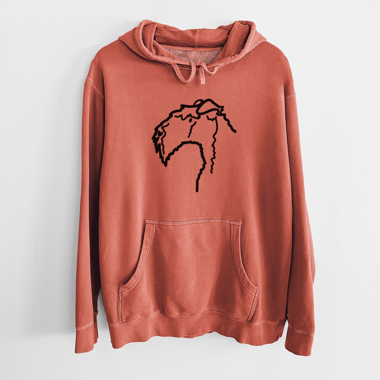 Minimalist line drawing of a Kerry Blue Terrier on an Amber Unisex pigment dyed hoodie