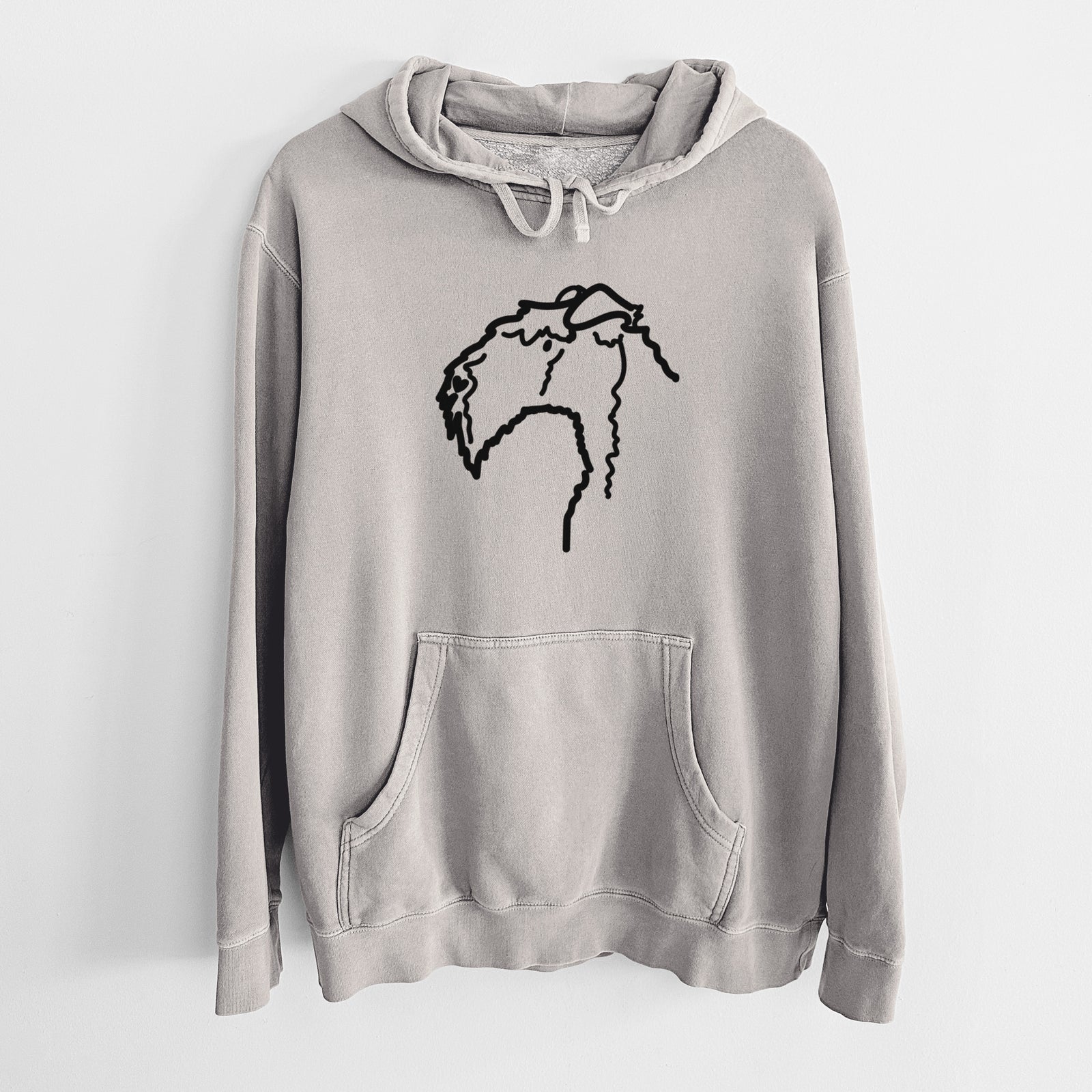 Minimalist line drawing of a Kerry Blue Terrier on a Cement Unisex pigment dyed hoodie