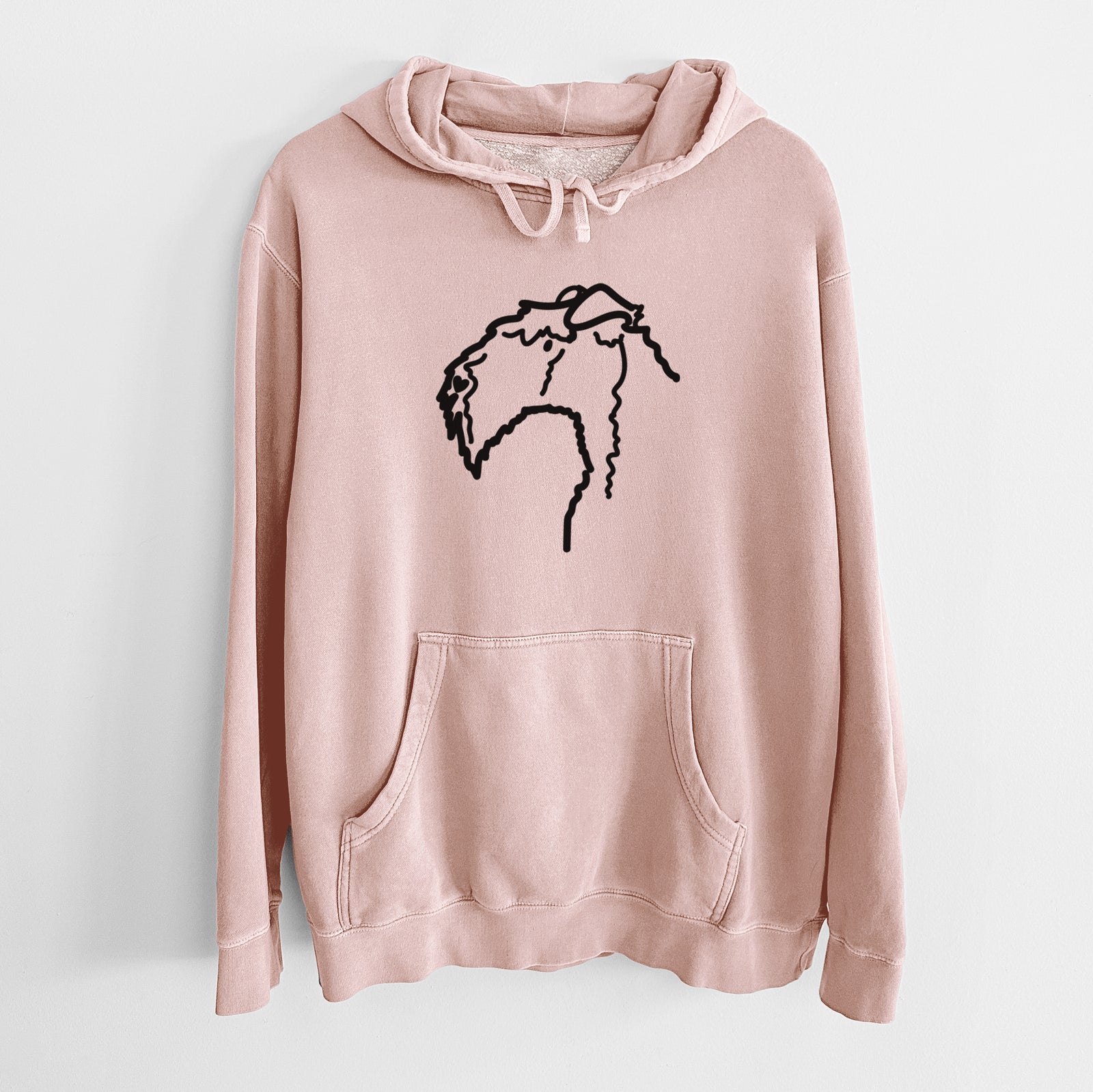 Minimalist line drawing of a Kerry Blue Terrier on a Dusty Pink Unisex pigment dyed hoodie