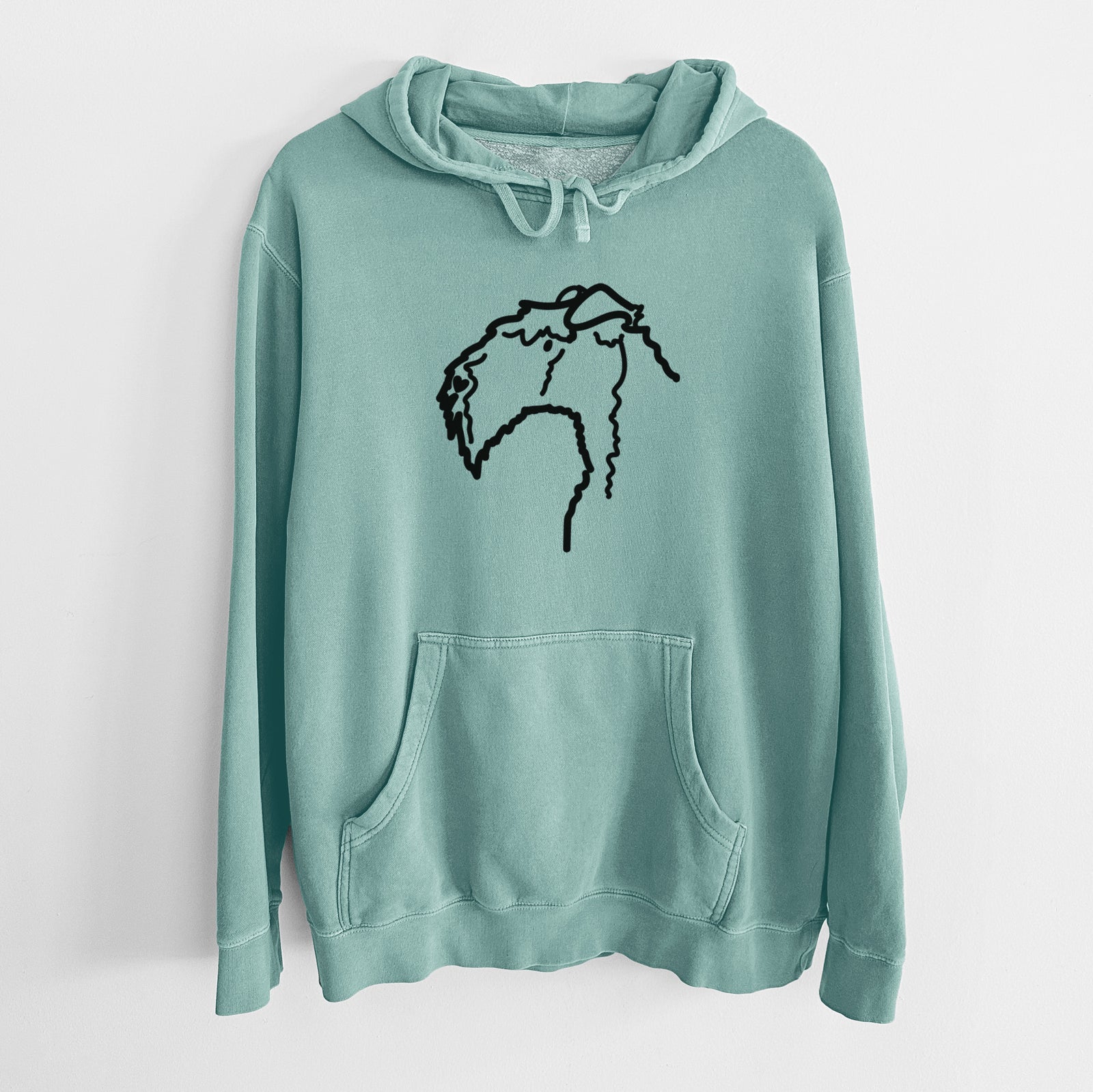 Minimalist line drawing of a Kerry Blue Terrier on a Mint Unisex pigment dyed hoodie