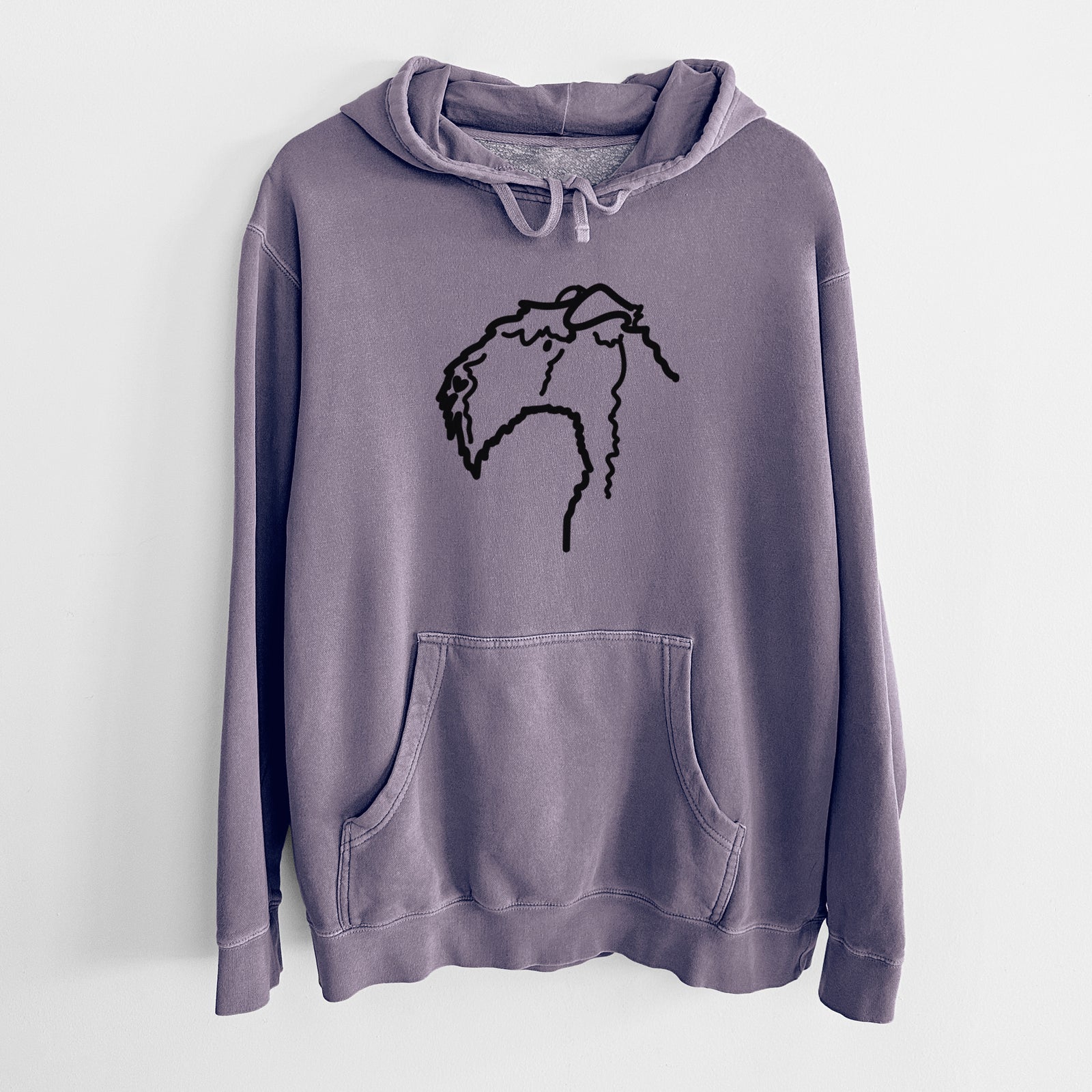 Minimalist line drawing of a Kerry Blue Terrier on a Plum Unisex pigment dyed hoodie