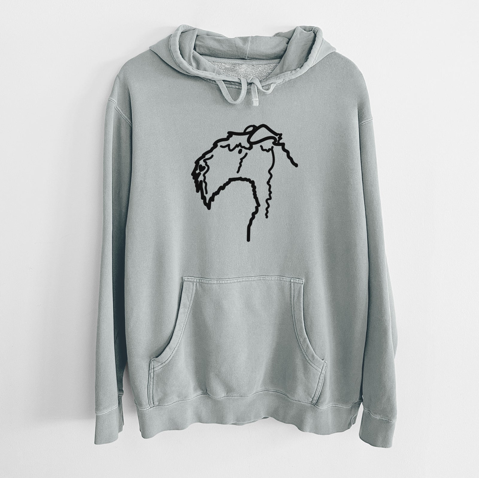 Minimalist line drawing of a Kerry Blue Terrier on a Sage Unisex pigment dyed hoodie