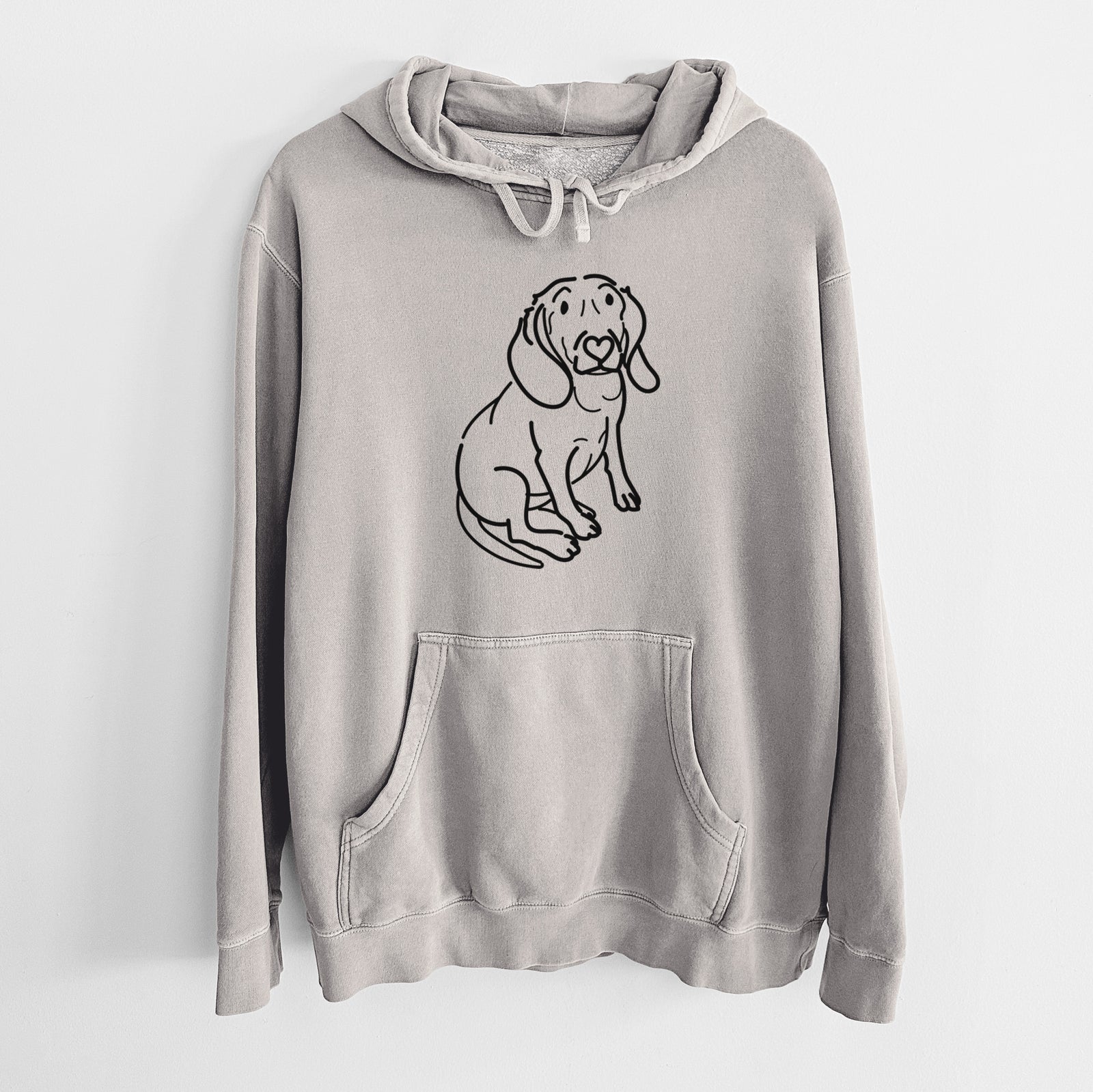 Minimalist line drawing of Lilly the Beagle on a Cement Unisex pigment dyed hoodie
