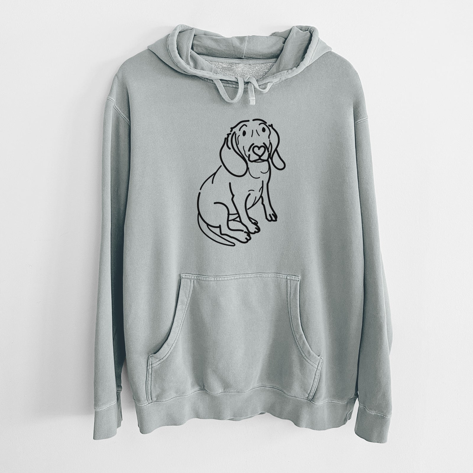 Minimalist line drawing of Lilly the Beagle on a Sage Unisex pigment dyed hoodie