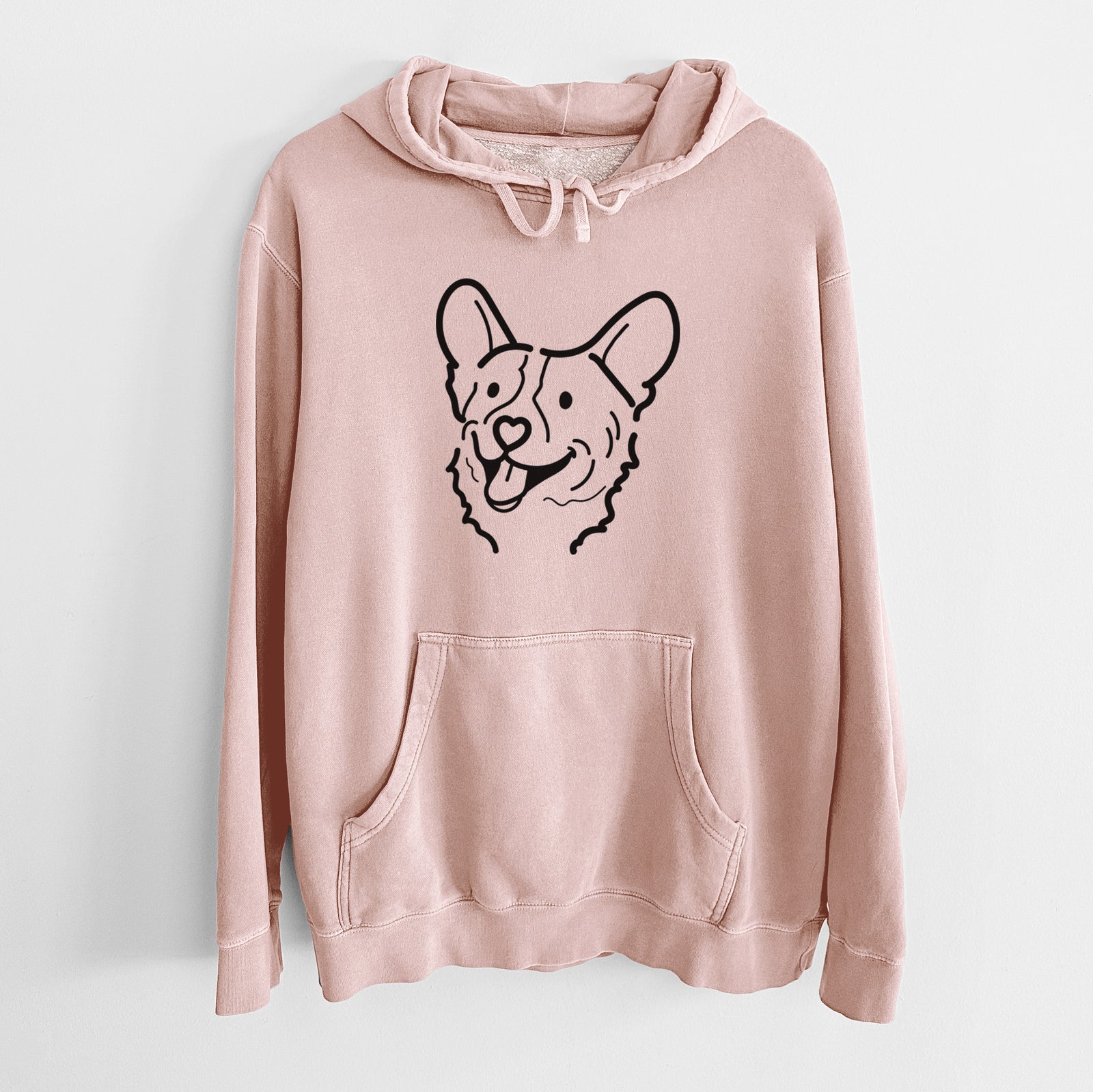 Minimalist line drawing of Lily the Corgi on a Dusty Pink Unisex pigment dyed hoodie