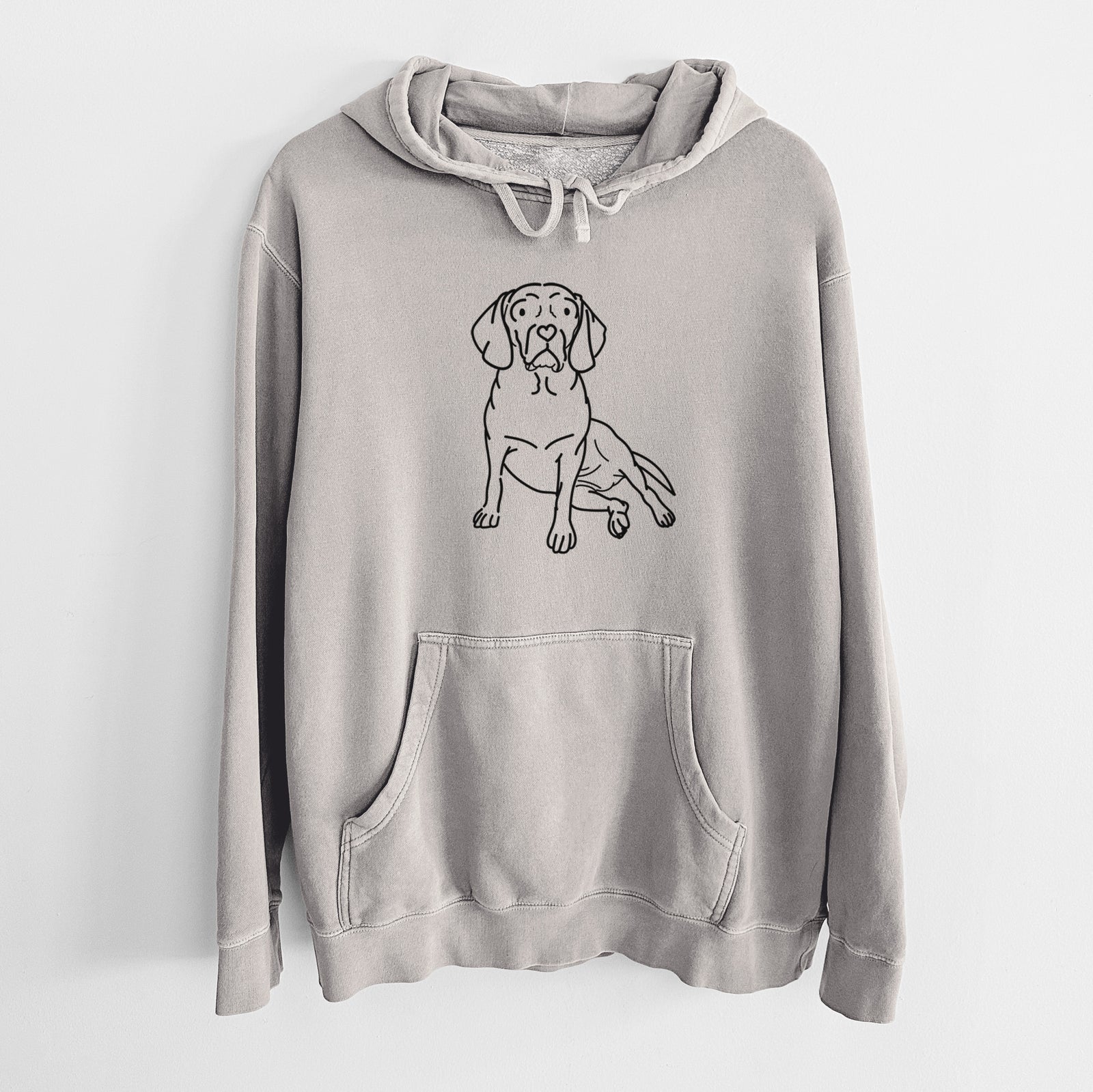 Minimalist line drawing of Mayble the Puggle on a Cement Unisex pigment dyed hoodie